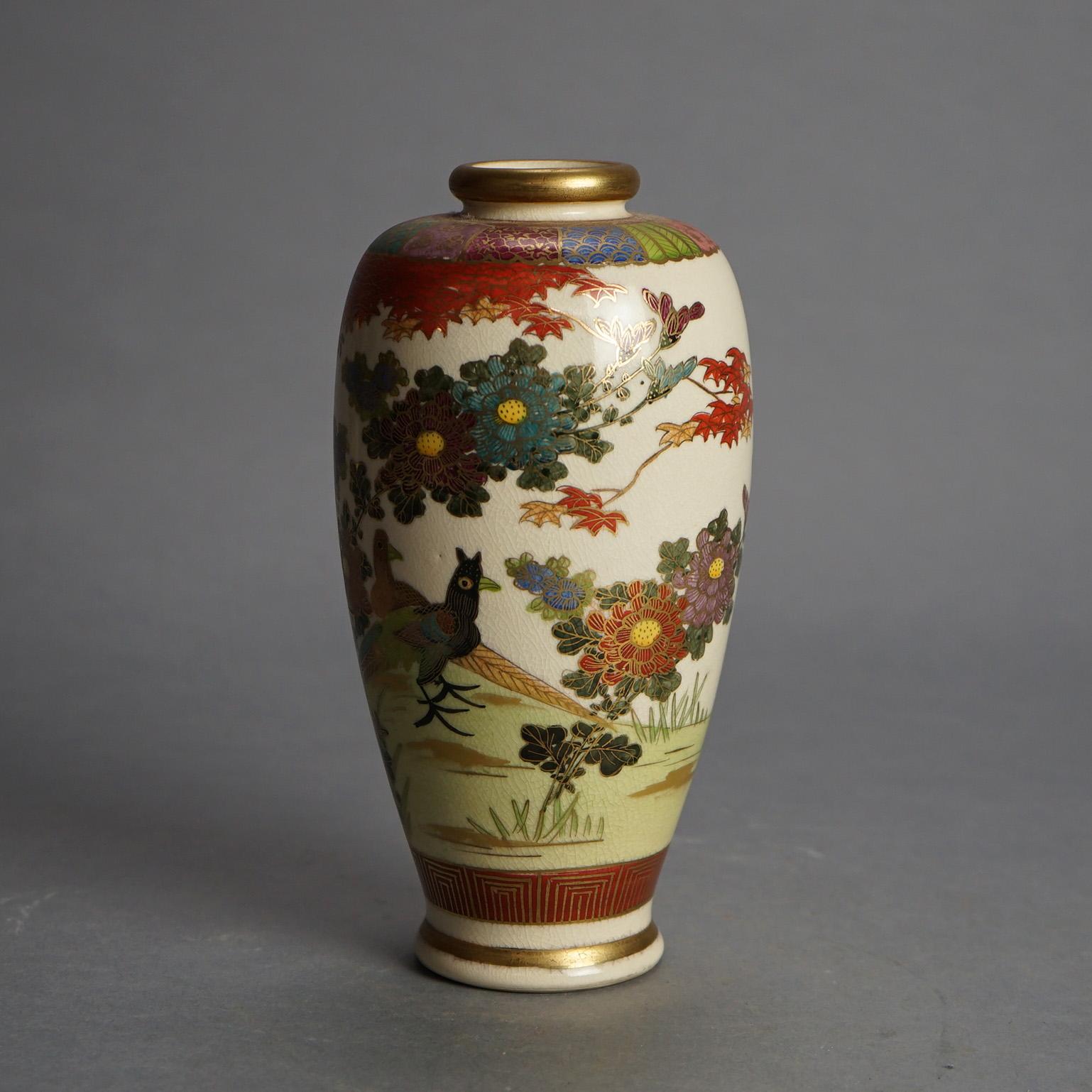 Antique Japanese Satsuma Hand Painted Pottery Vase with Flowers & Birds C1920 In Good Condition For Sale In Big Flats, NY