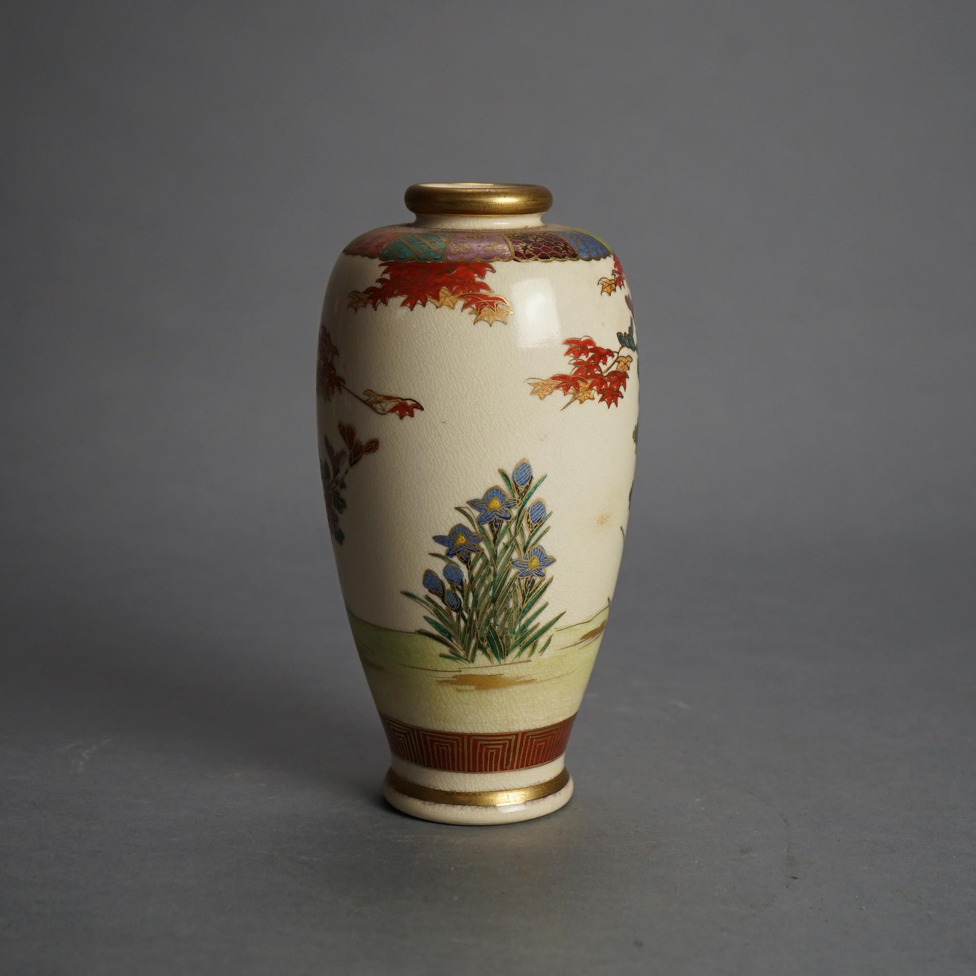 19th Century Antique Japanese Satsuma Hand Painted Pottery Vase with Flowers & Birds C1920 For Sale