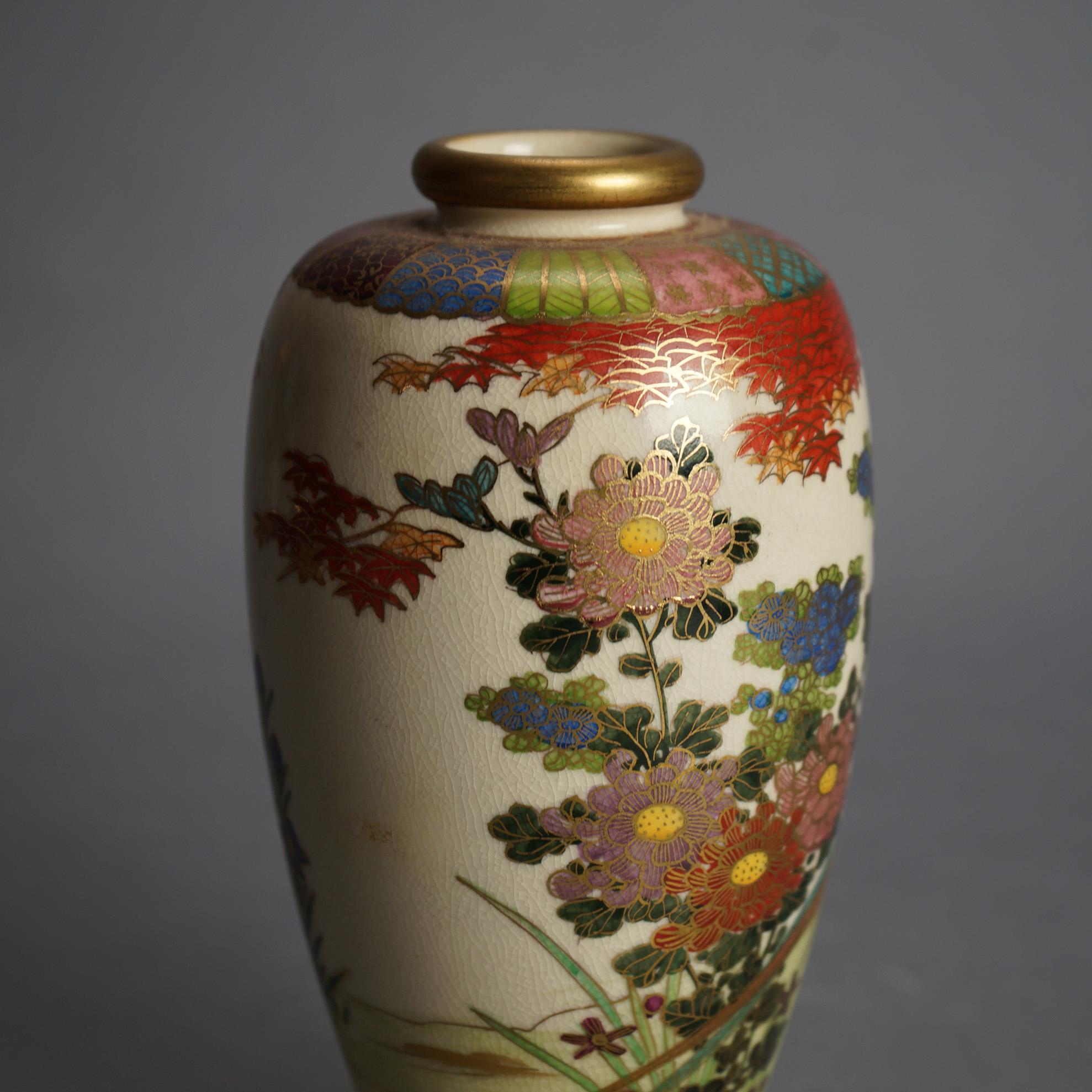 Porcelain Antique Japanese Satsuma Hand Painted Pottery Vase with Flowers & Birds C1920 For Sale