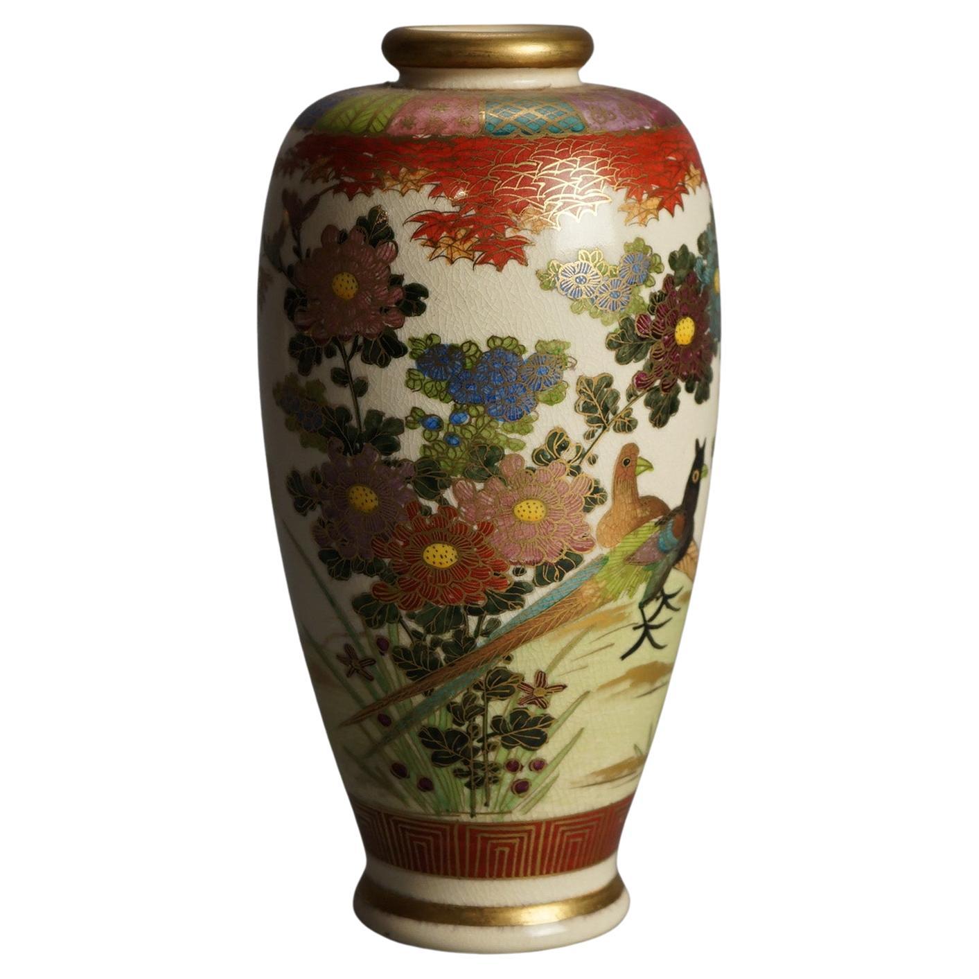 Antique Japanese Satsuma Hand Painted Pottery Vase with Flowers & Birds C1920 For Sale