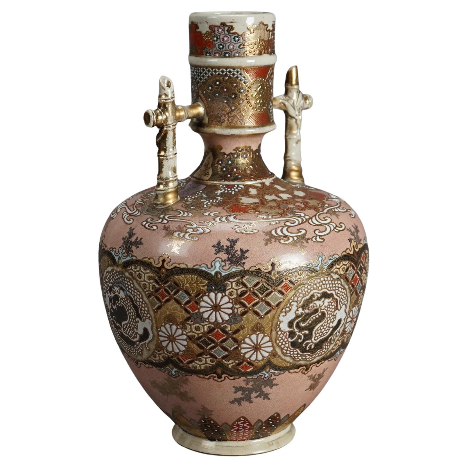 Antique Japanese Satsuma Meiji Pottery Bottle Vase C1910 For Sale