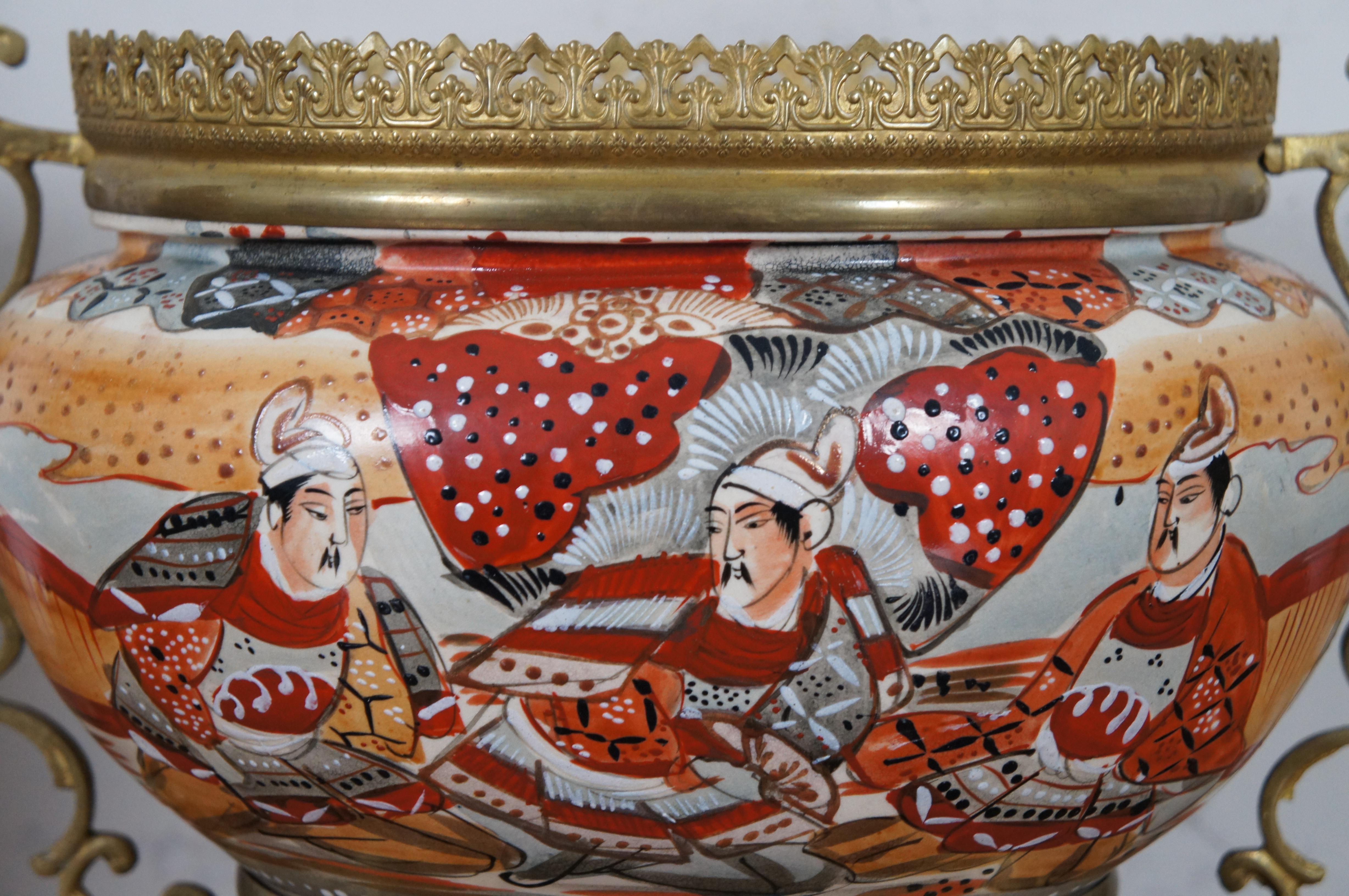 Antique Japanese Satsuma Moriage Oil Lamps & Dragon Jardiniere Mantel Set For Sale 6
