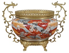 Antique Japanese Satsuma Moriage Oil Lamps & Dragon Jardiniere Mantel Set