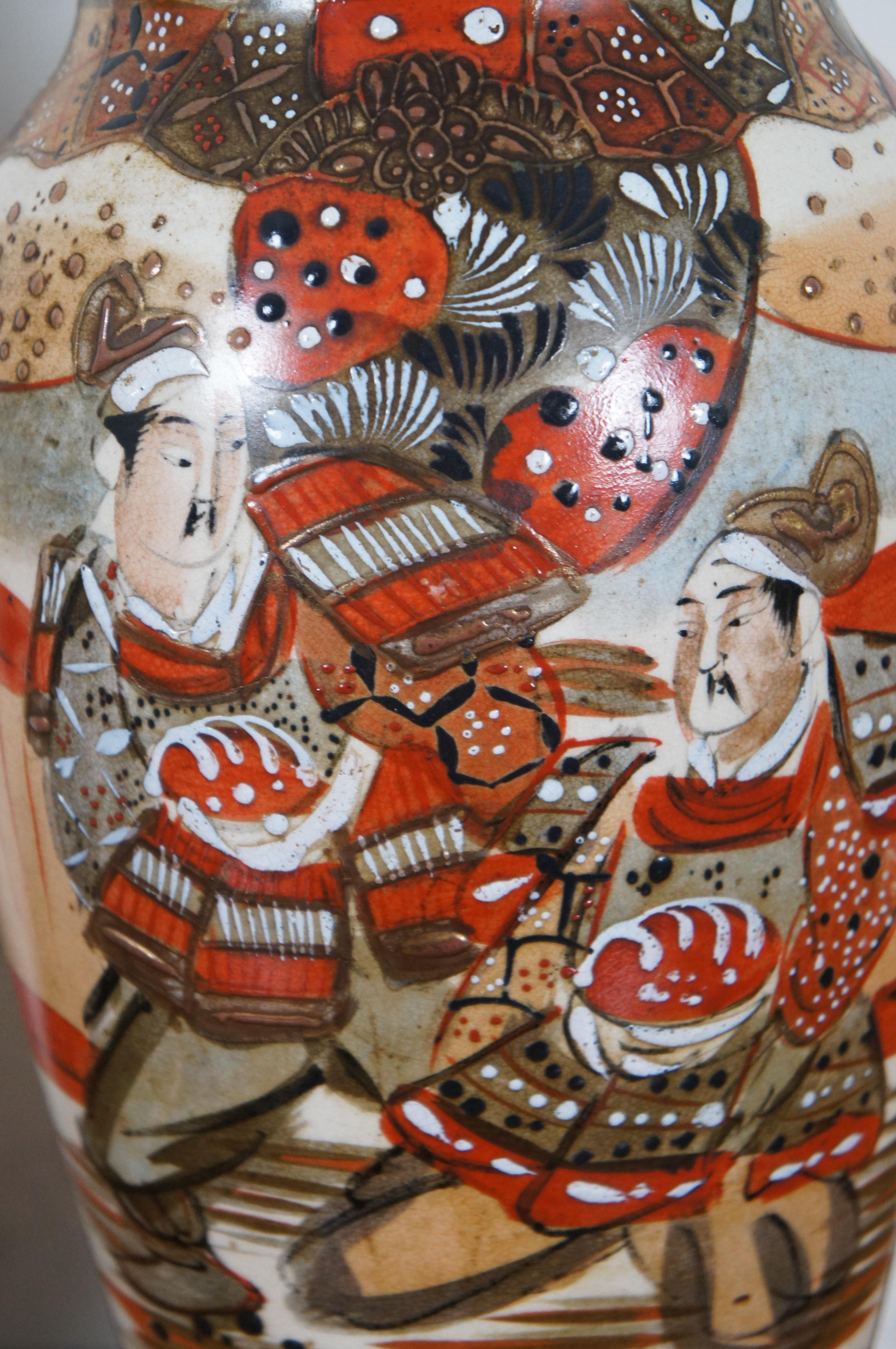 Brass Antique Japanese Satsuma Moriage Oil Lamps & Dragon Jardiniere Mantel Set For Sale
