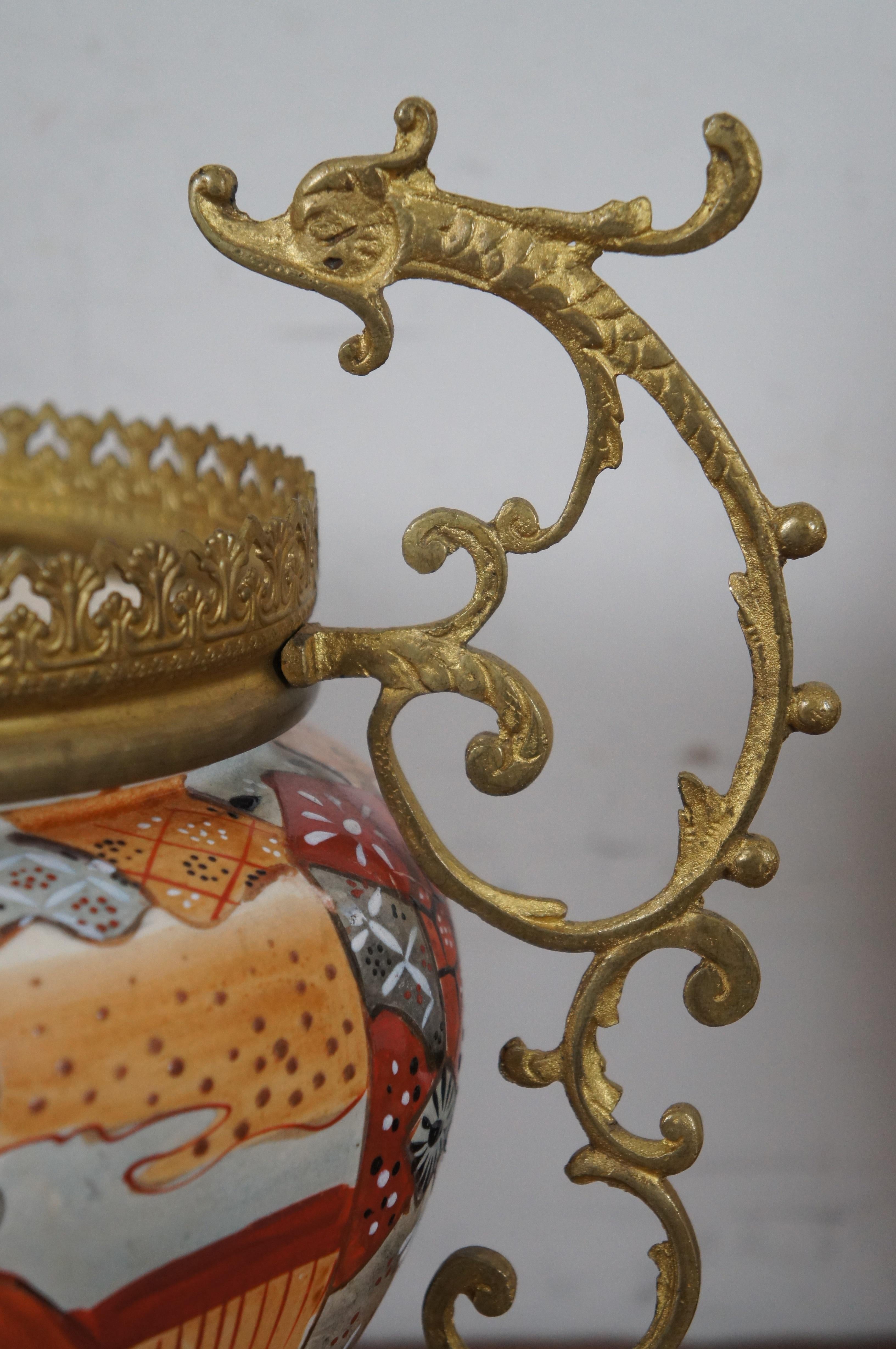 Antique Japanese Satsuma Moriage Oil Lamps & Dragon Jardiniere Mantel Set For Sale 4