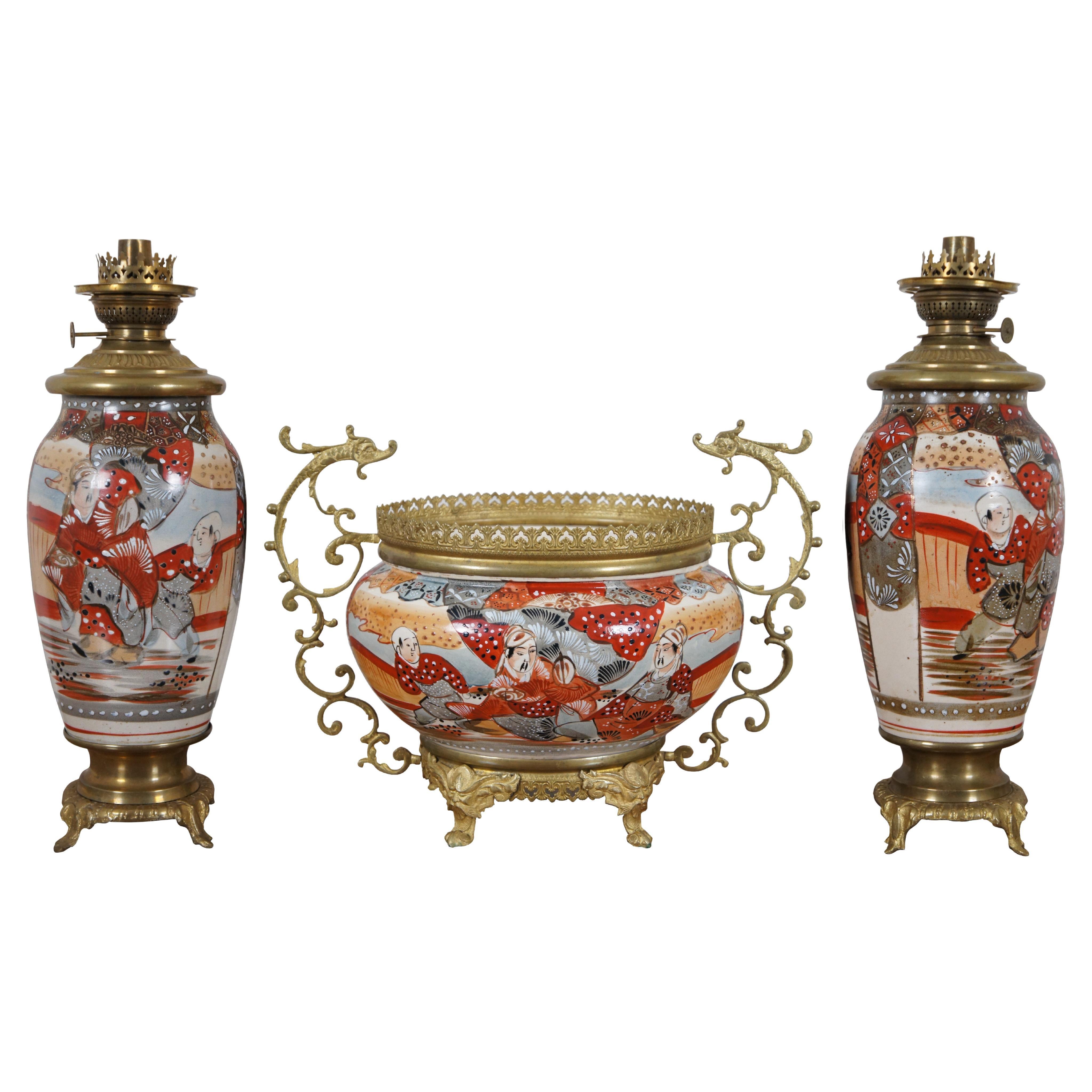 Antique Japanese Satsuma Moriage Oil Lamps & Dragon Jardiniere Mantel Set For Sale