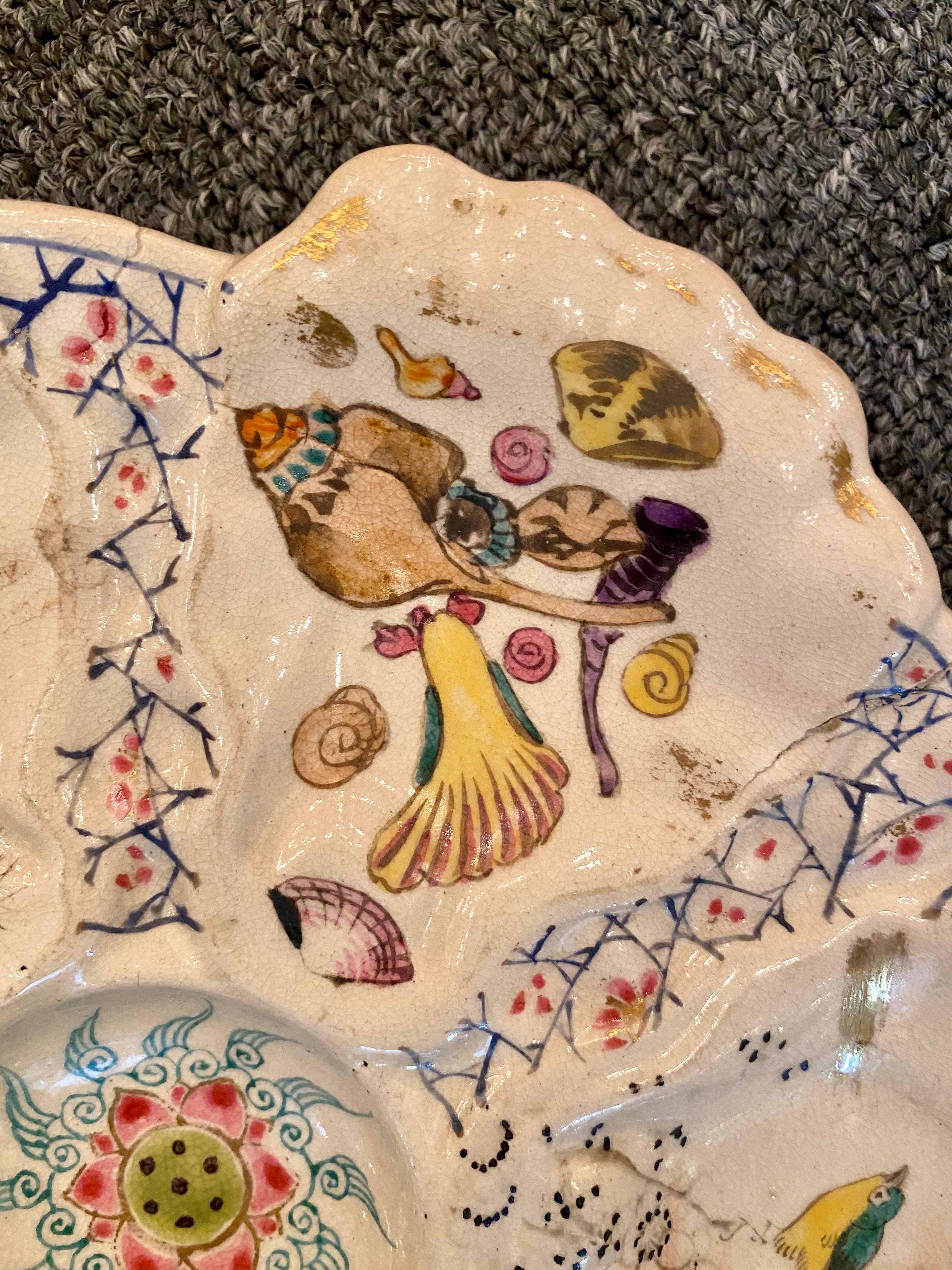 Antique Japanese Satsuma Porcelain Oyster Plate w/ Birds & Sea Life, Circa 1890 In Good Condition In New Orleans, LA