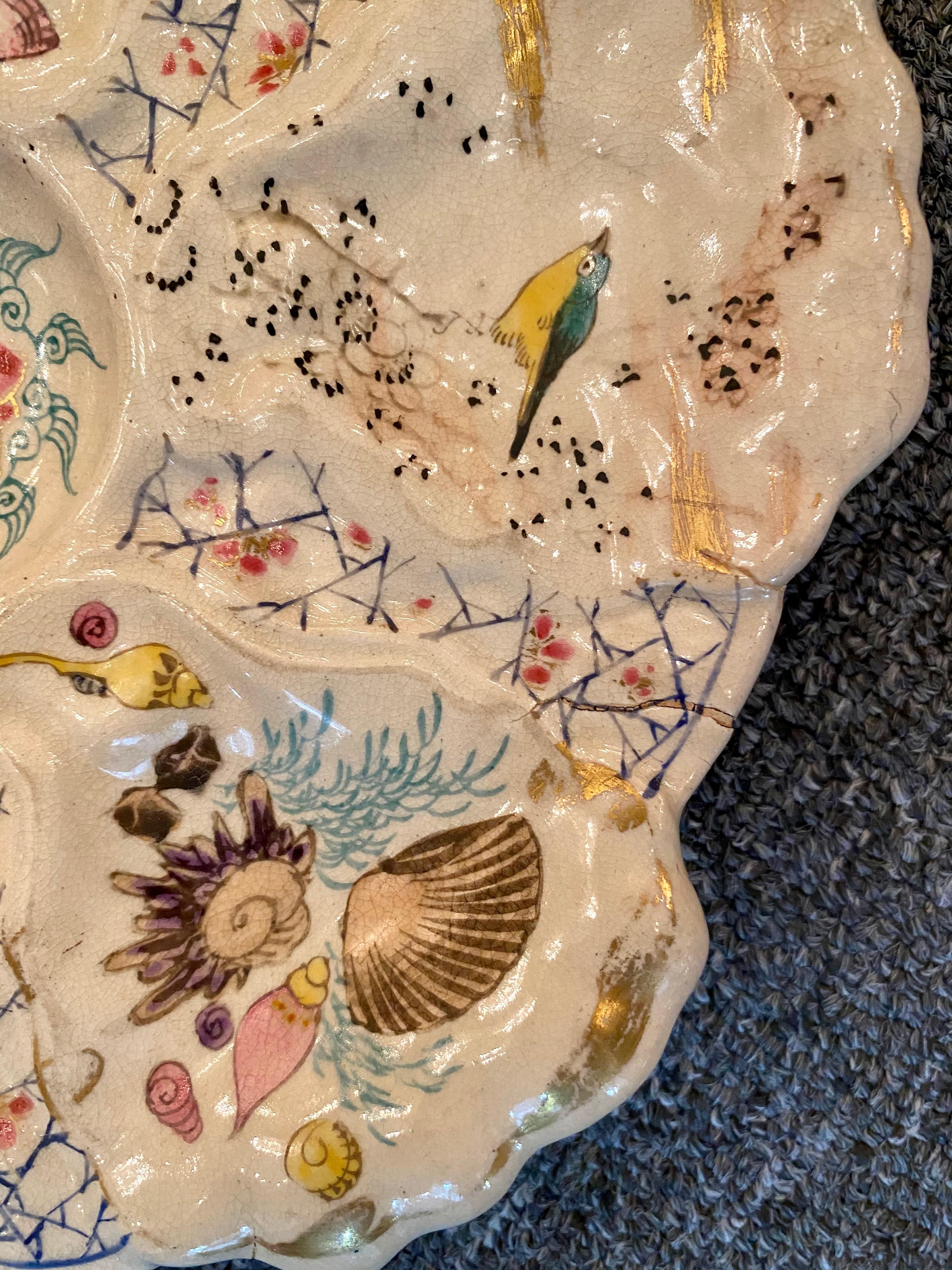 Antique Japanese Satsuma Porcelain Oyster Plate w/ Birds & Sea Life, Circa 1890 1