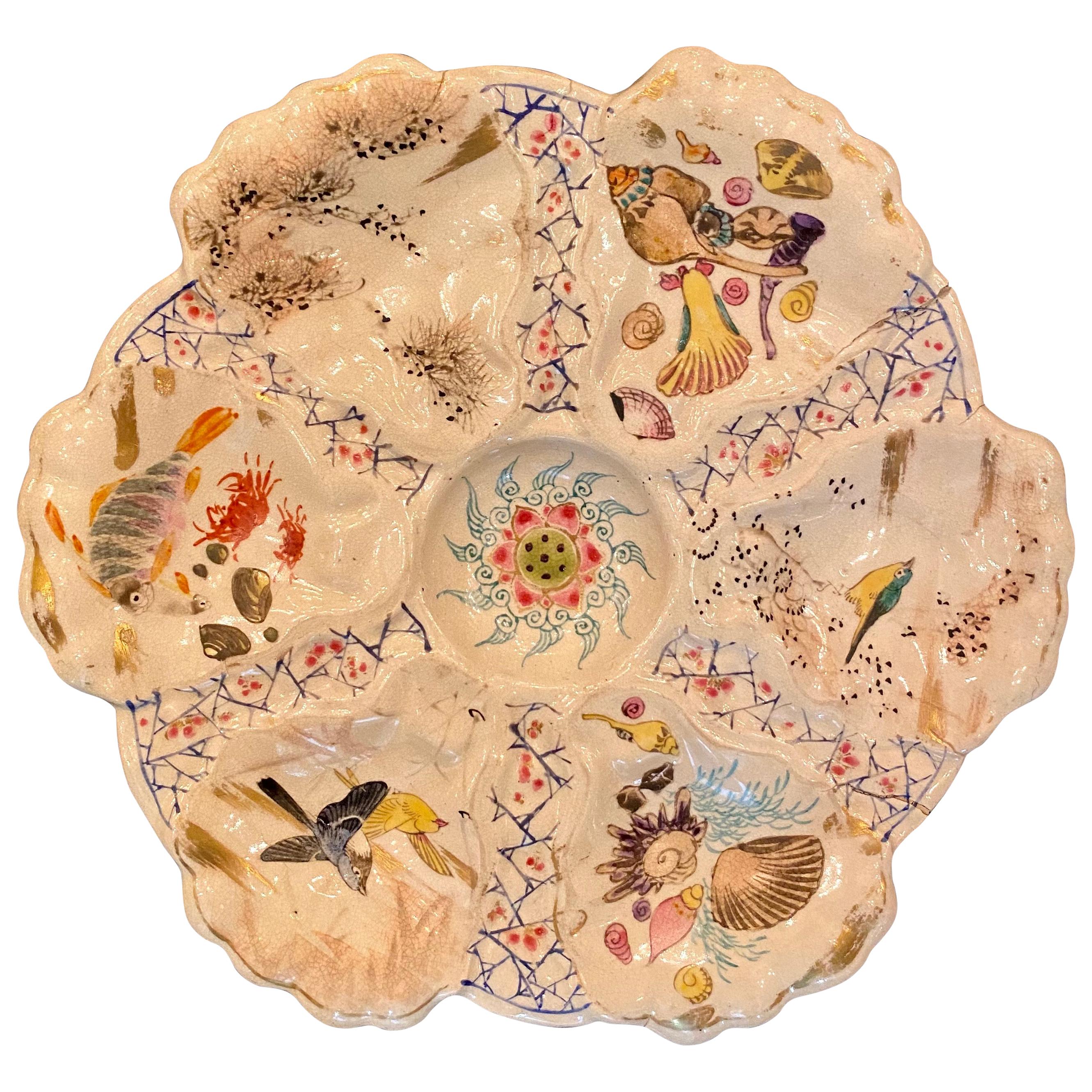Antique Japanese Satsuma Porcelain Oyster Plate w/ Birds & Sea Life, Circa 1890
