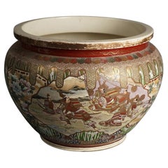 Antique Japanese Satsuma Pottery Floor Urn, Exterior Scene with Figures, C1920