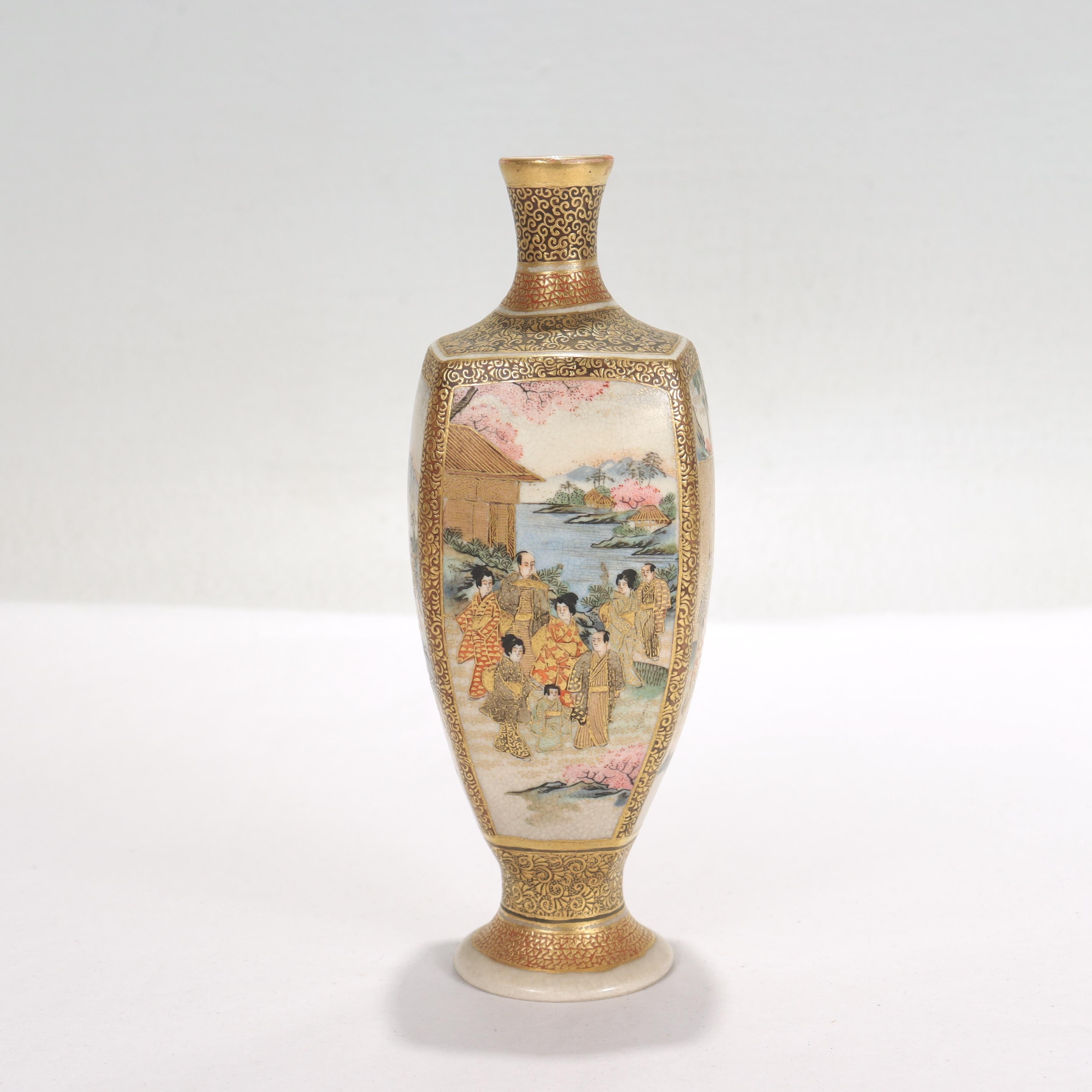 A fine antique Japanese Satsuma porcelain miniature vase.

With enameled scenes to all sides and rich raised gilt highlights throughout. 

Marked to the base with a Satsuma cross in circle mark and Japanese characters that translate to 