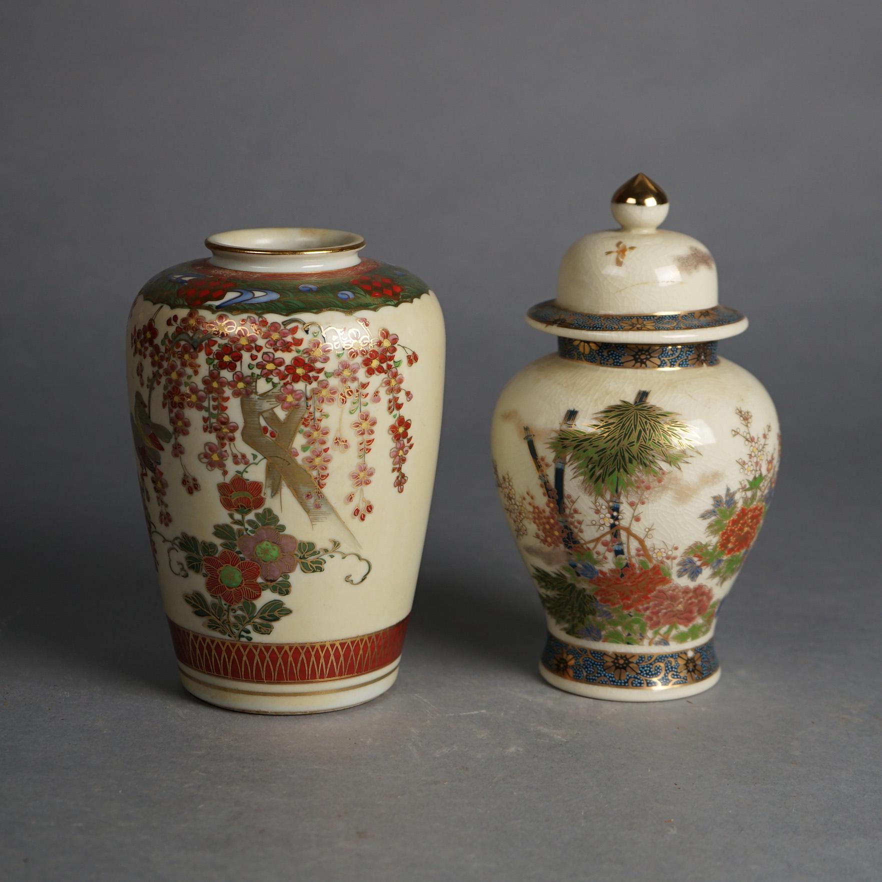 Antique Japanese Satsuma Pottery Garden Scene Vase & Lidded Urn, Hand Painted & Gilt, C1920

Measures- Large: 7.25''H x 4.5''W x 4.5''D; Small: 8''H x 4.25''W x 4.25''D