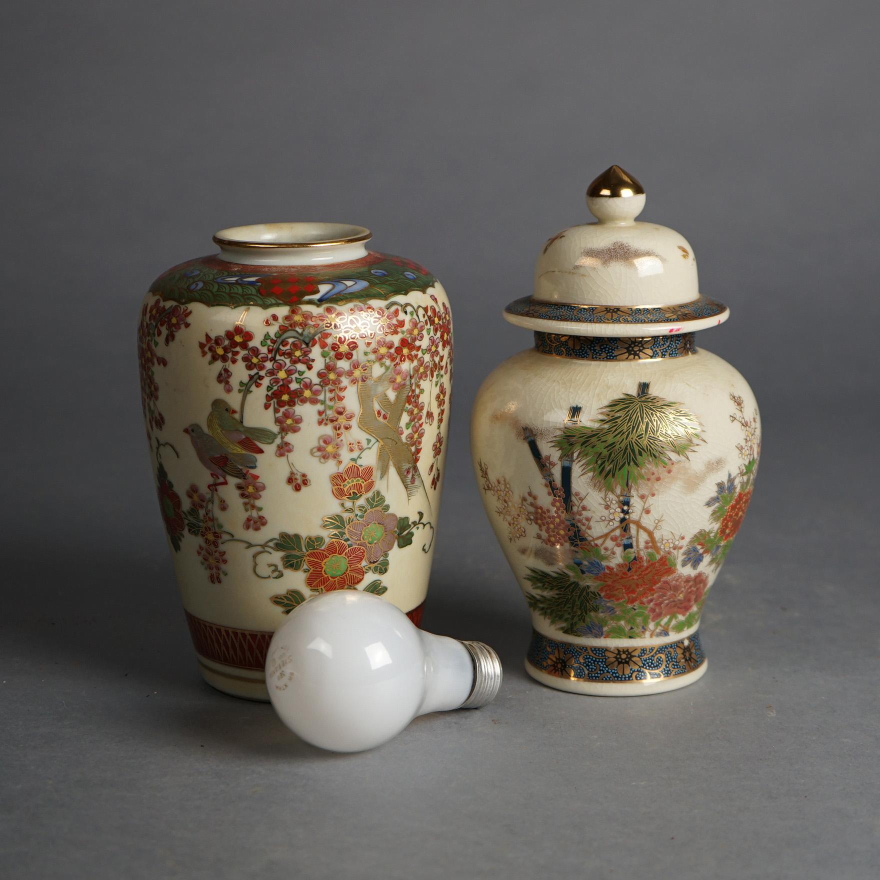Antique Japanese Satsuma Pottery Vase & Lidded Urn, Hand Painted & Gilt, C1920 In Good Condition For Sale In Big Flats, NY