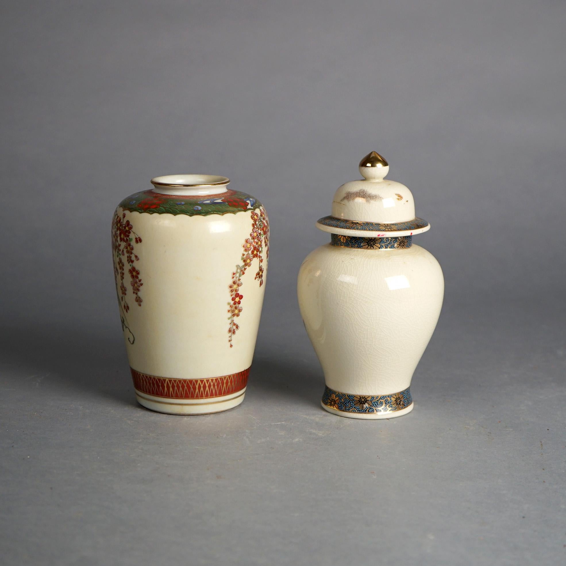 20th Century Antique Japanese Satsuma Pottery Vase & Lidded Urn, Hand Painted & Gilt, C1920 For Sale
