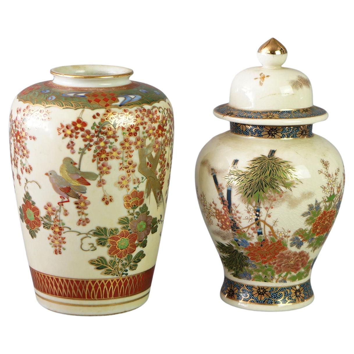 Antique Japanese Satsuma Pottery Vase & Lidded Urn, Hand Painted & Gilt, C1920
