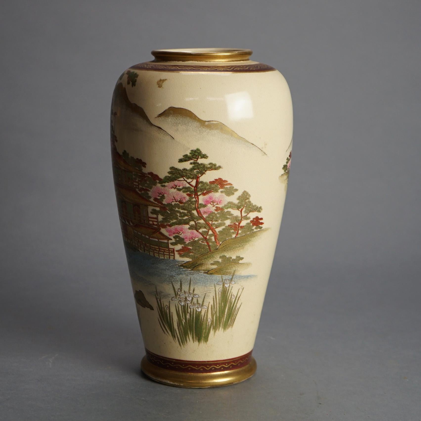 Antique Japanese Satsuma Pottery Vase with Pagoda & Landscape C1920 In Good Condition For Sale In Big Flats, NY