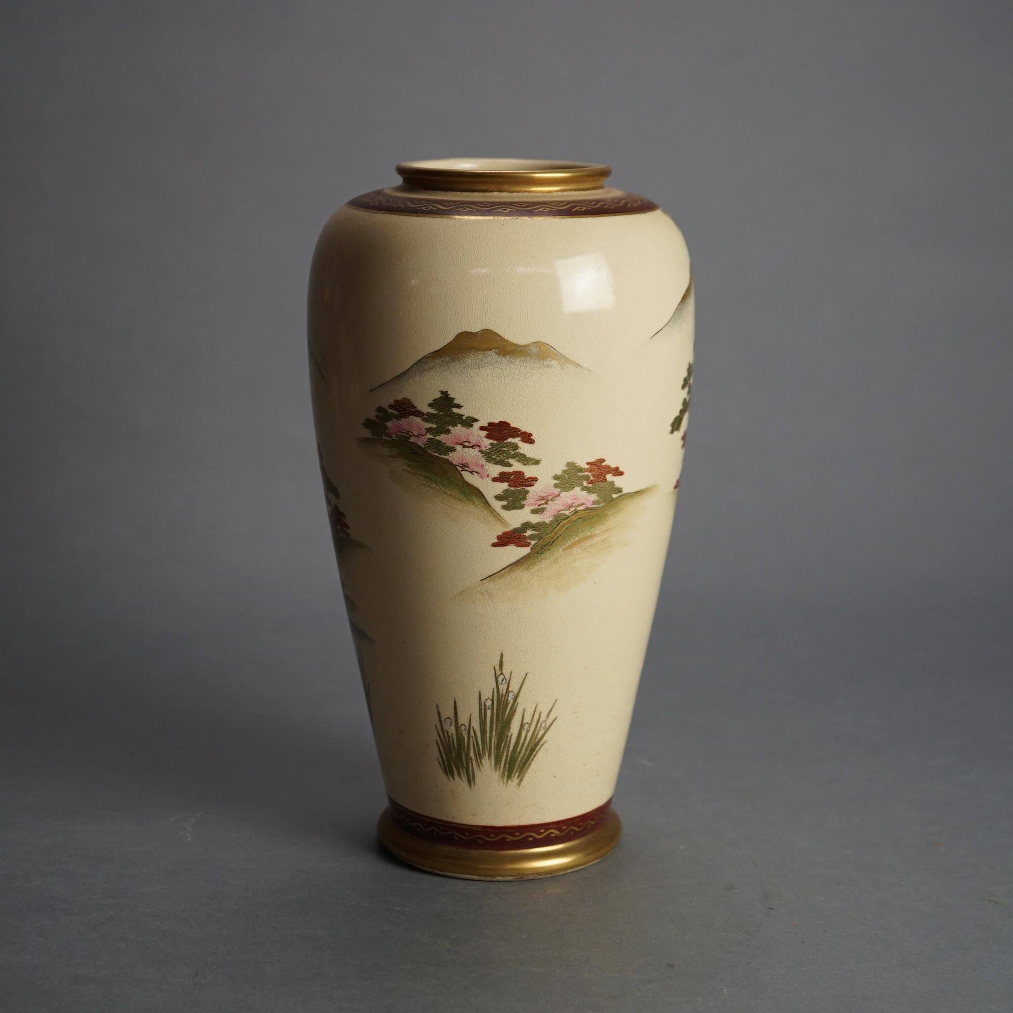 20th Century Antique Japanese Satsuma Pottery Vase with Pagoda & Landscape C1920 For Sale