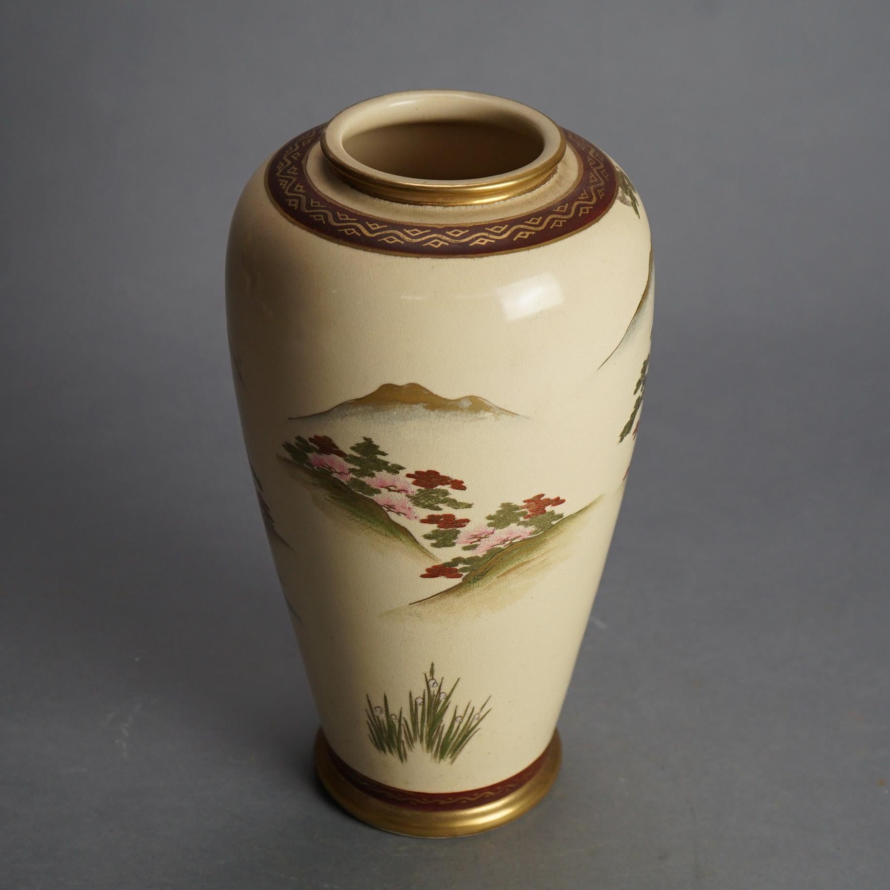 Porcelain Antique Japanese Satsuma Pottery Vase with Pagoda & Landscape C1920 For Sale