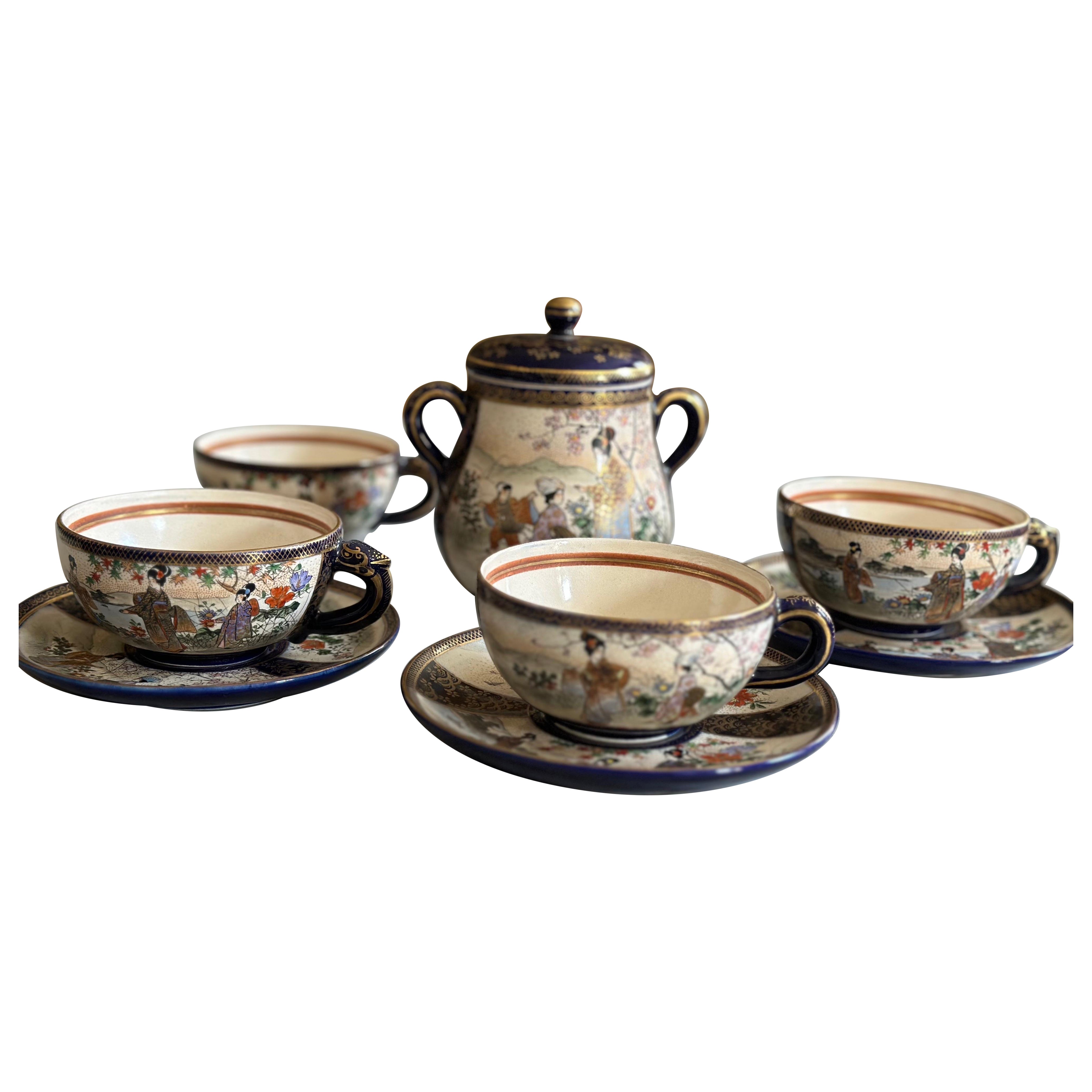 Antique Japanese Satsuma Tea Set, Taishō Period – Hand-Painted Kyō-Satsuma