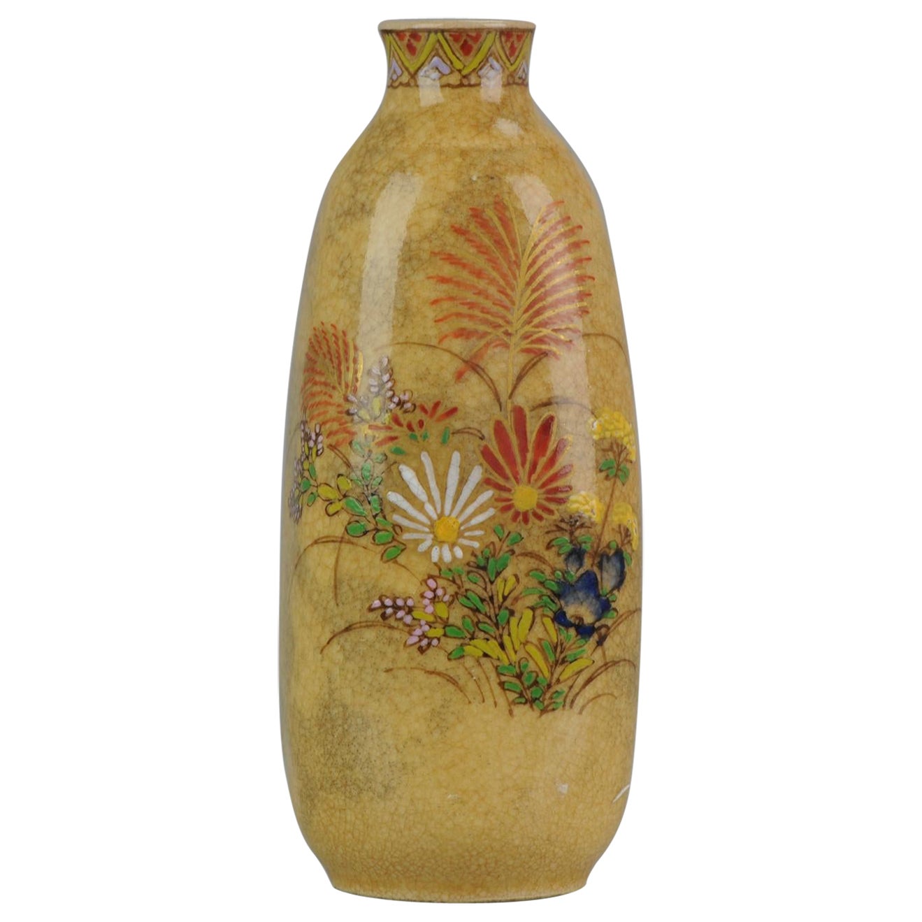 Antique Japanese Satsuma Tokkuri Sake Bottle Shape Japan FLowers, 19th/20th Cen