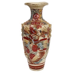 Antico vaso giapponese Satsuma, scena di guerriero dipinta a mano, capolavoro dell'epoca Meiji