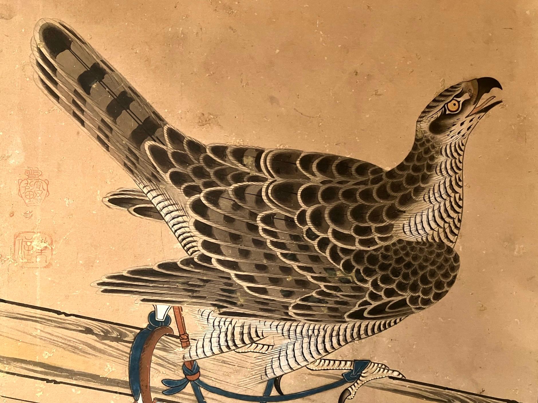 Antique Japanese Screen Painting in Ink and Colors Depicting Goshawks 7