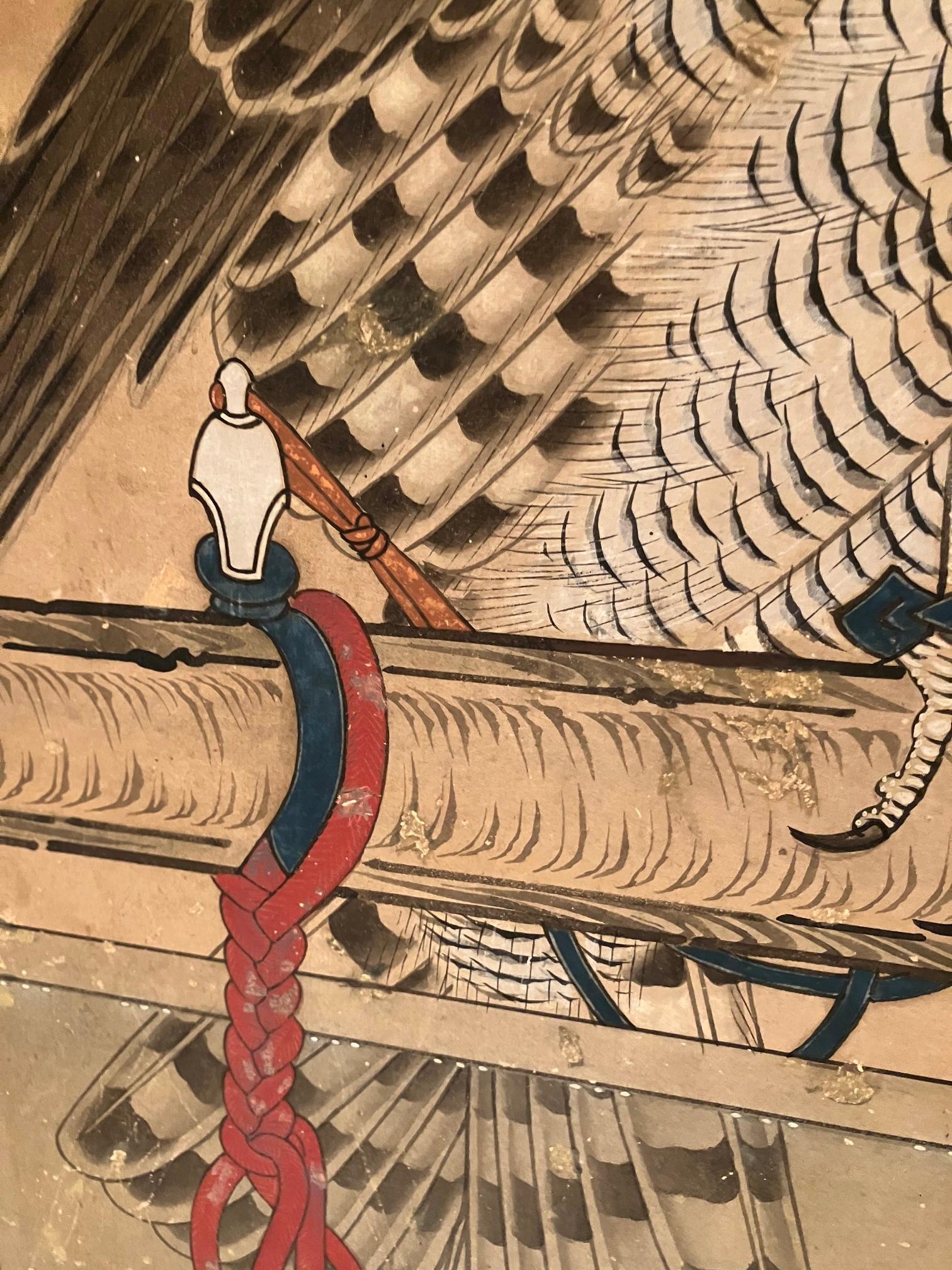 Antique Japanese Screen Painting in Ink and Colors Depicting Goshawks 8