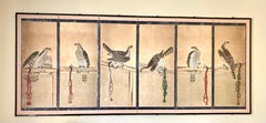 Antique Japanese Screen Painting in Ink and Colors Depicting Goshawks