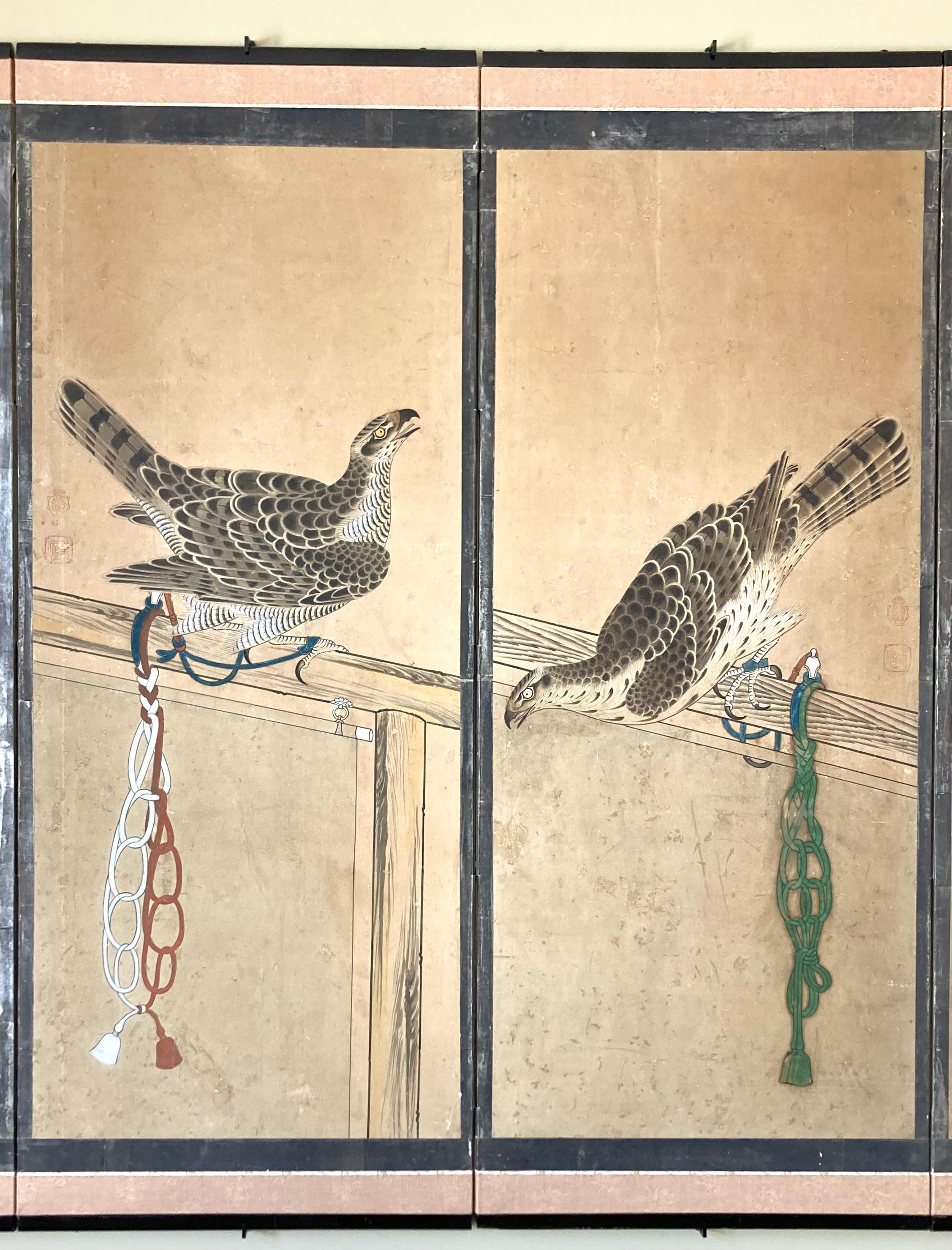 Edo Antique Japanese Screen Painting in Ink and Colors Depicting Goshawks