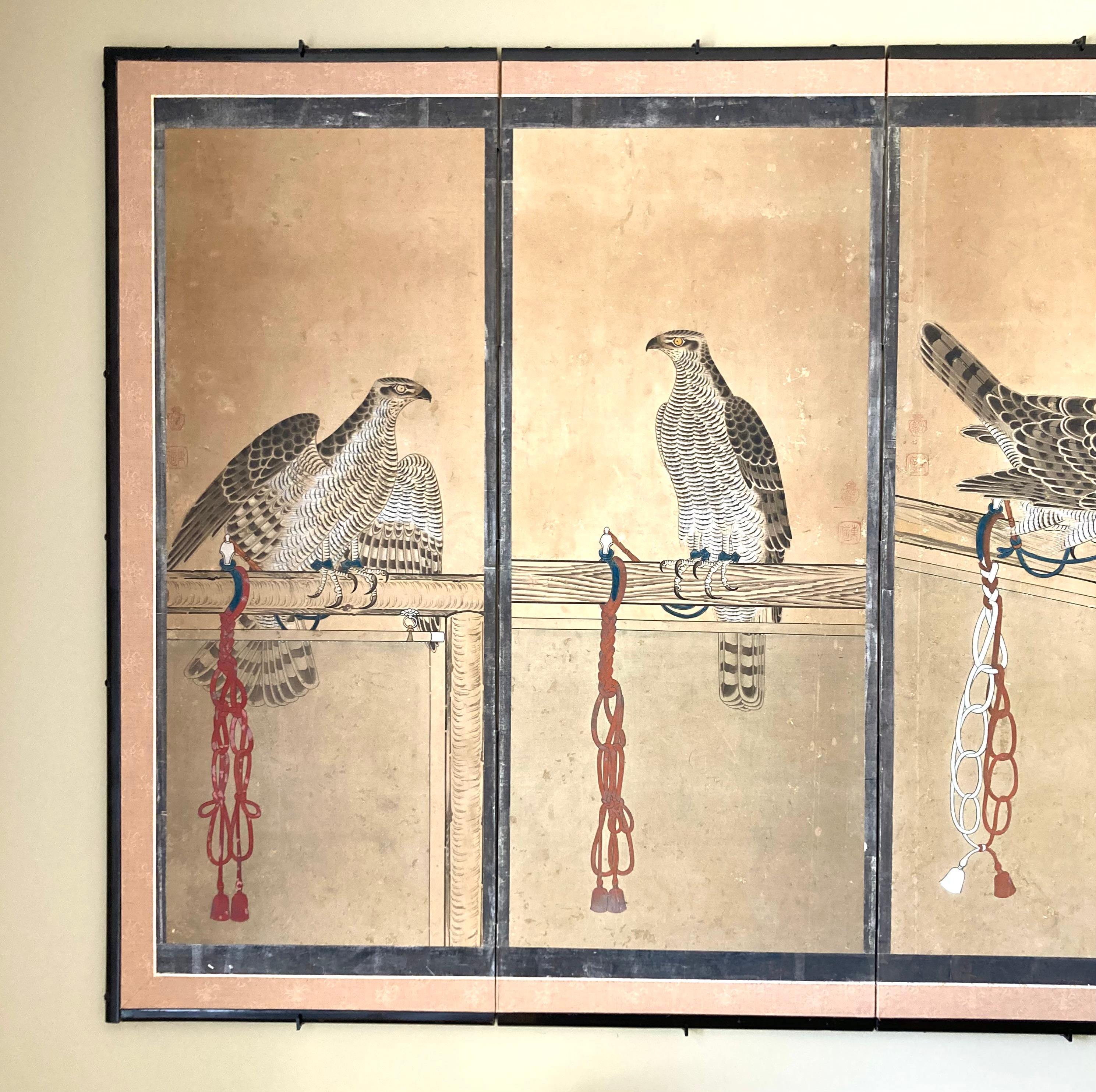 Antique Japanese Screen Painting in Ink and Colors Depicting Goshawks In Good Condition For Sale In San Francisco, CA