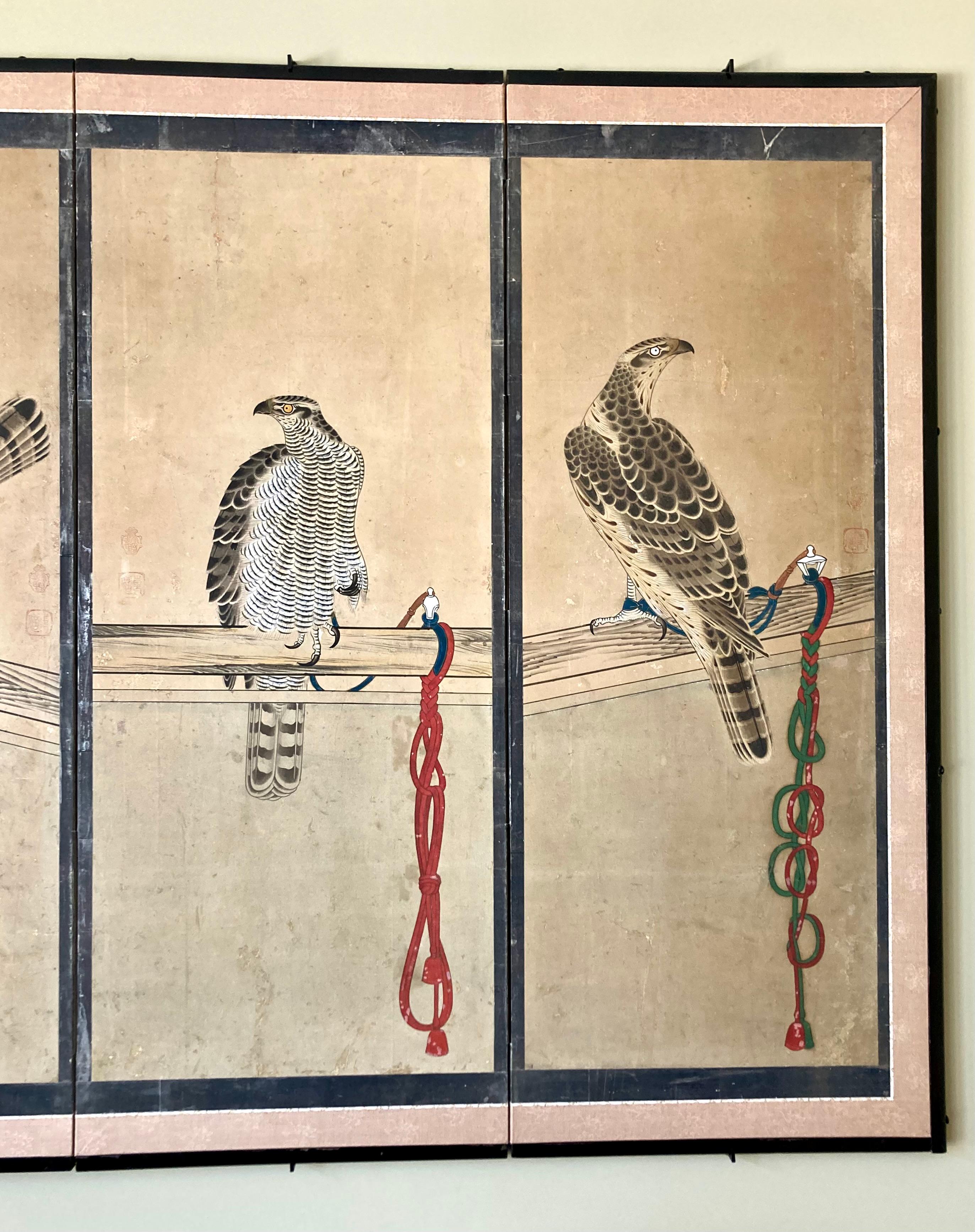 Early 19th Century Antique Japanese Screen Painting in Ink and Colors Depicting Goshawks