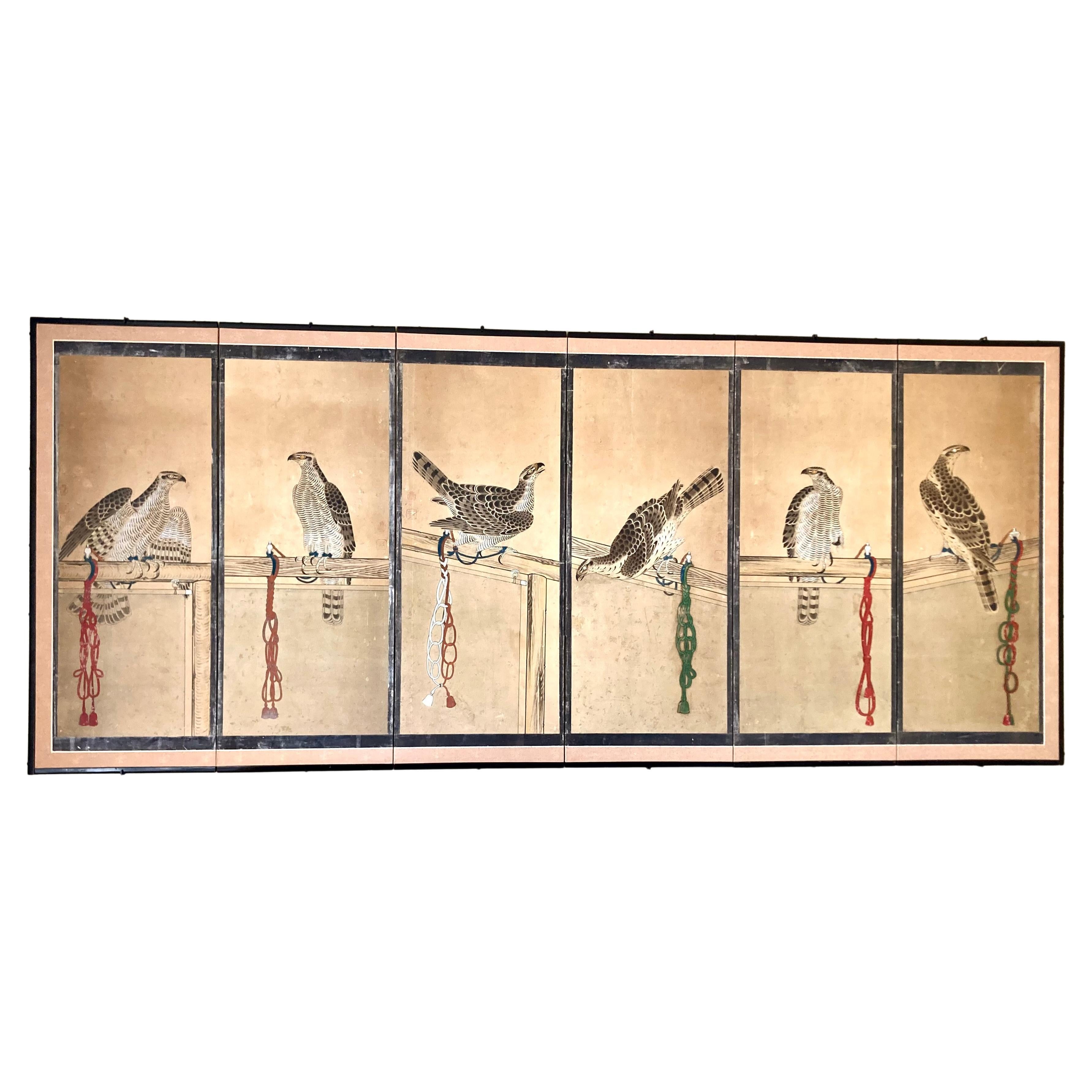 Antique Japanese Screen Painting in Ink and Colors Depicting Goshawks