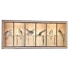 Antique Japanese Screen Painting in Ink and Colors Depicting Goshawks