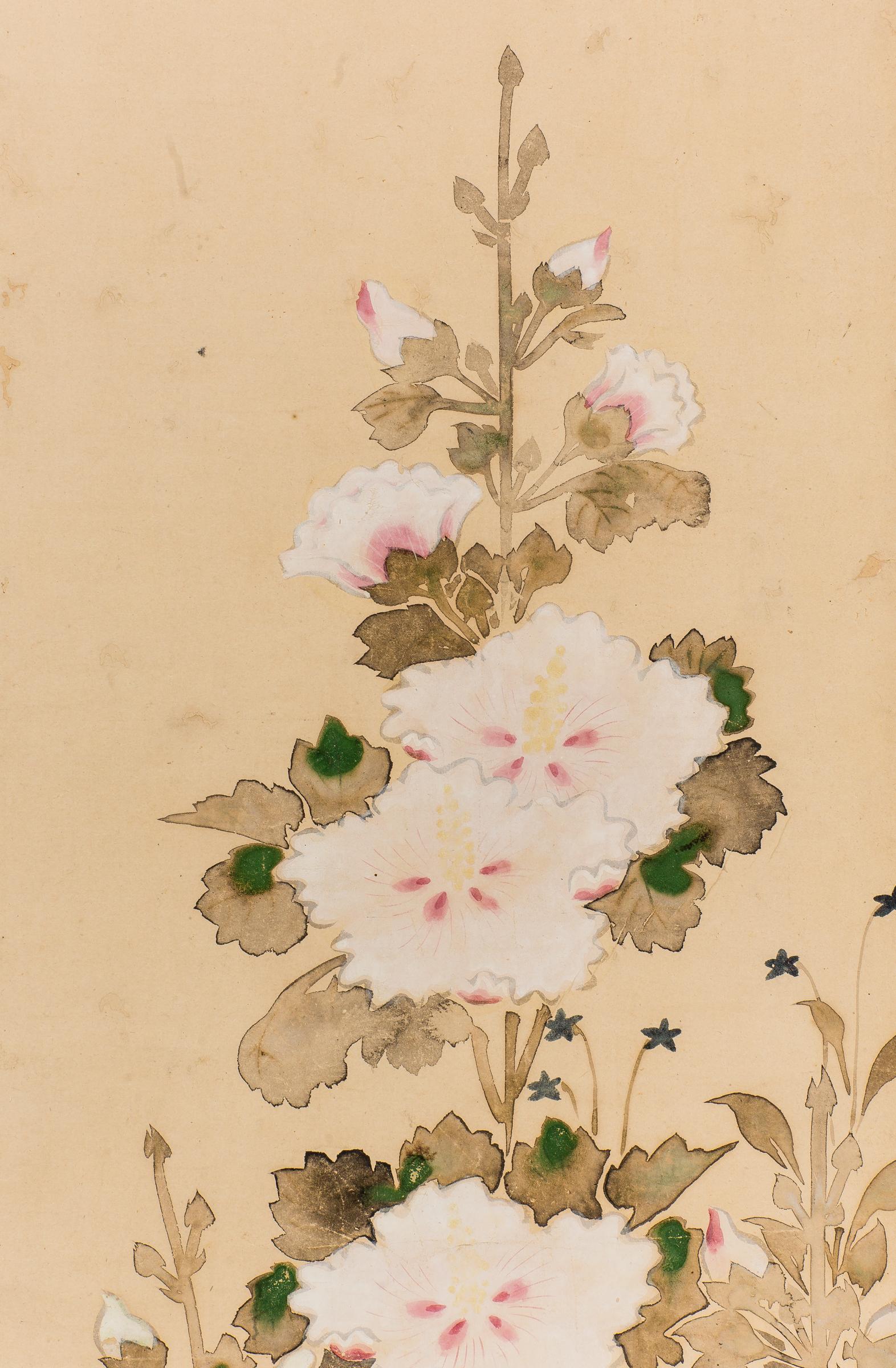 19th Century Japanese Scroll of Hollyhocks In Good Condition For Sale In Hudson, NY