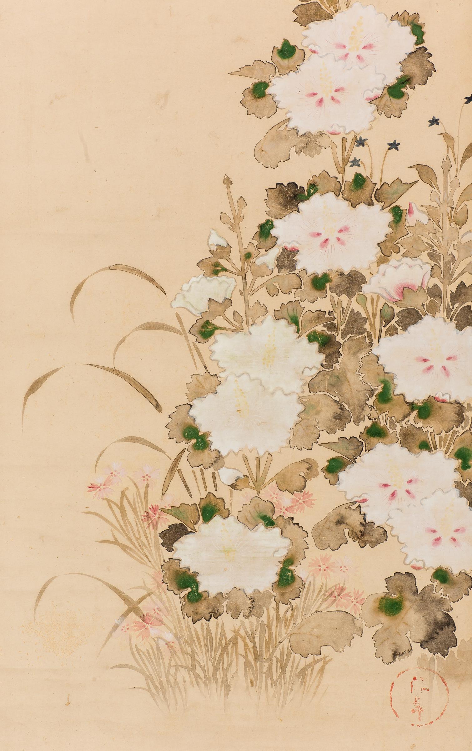 Silk 19th Century Japanese Scroll of Hollyhocks For Sale
