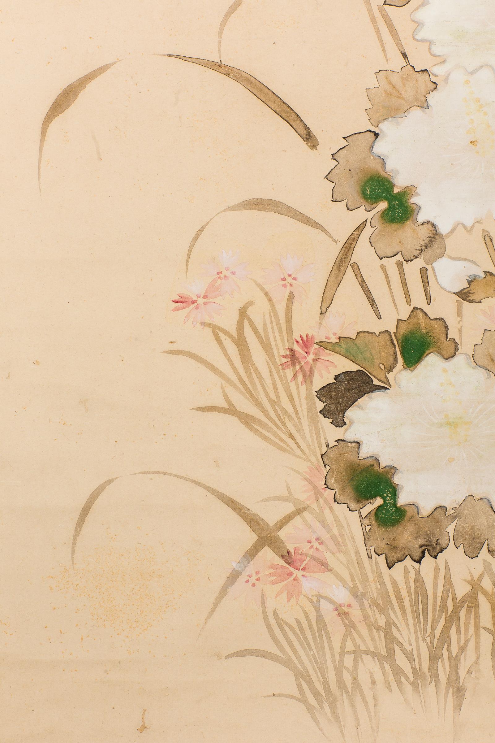 19th Century Japanese Scroll of Hollyhocks For Sale 1