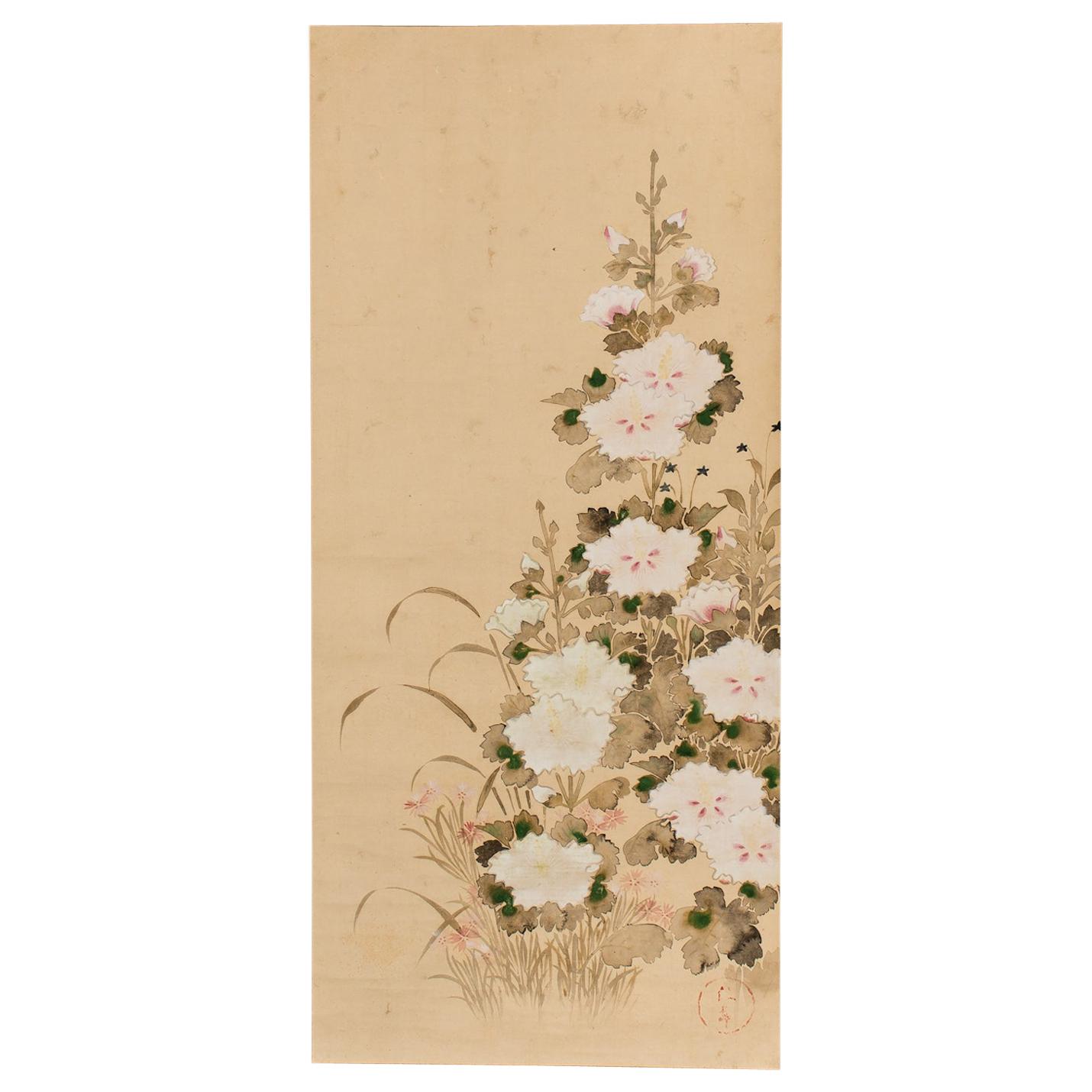 rouleau japonais du 19ème siècle représentant des roses trémières