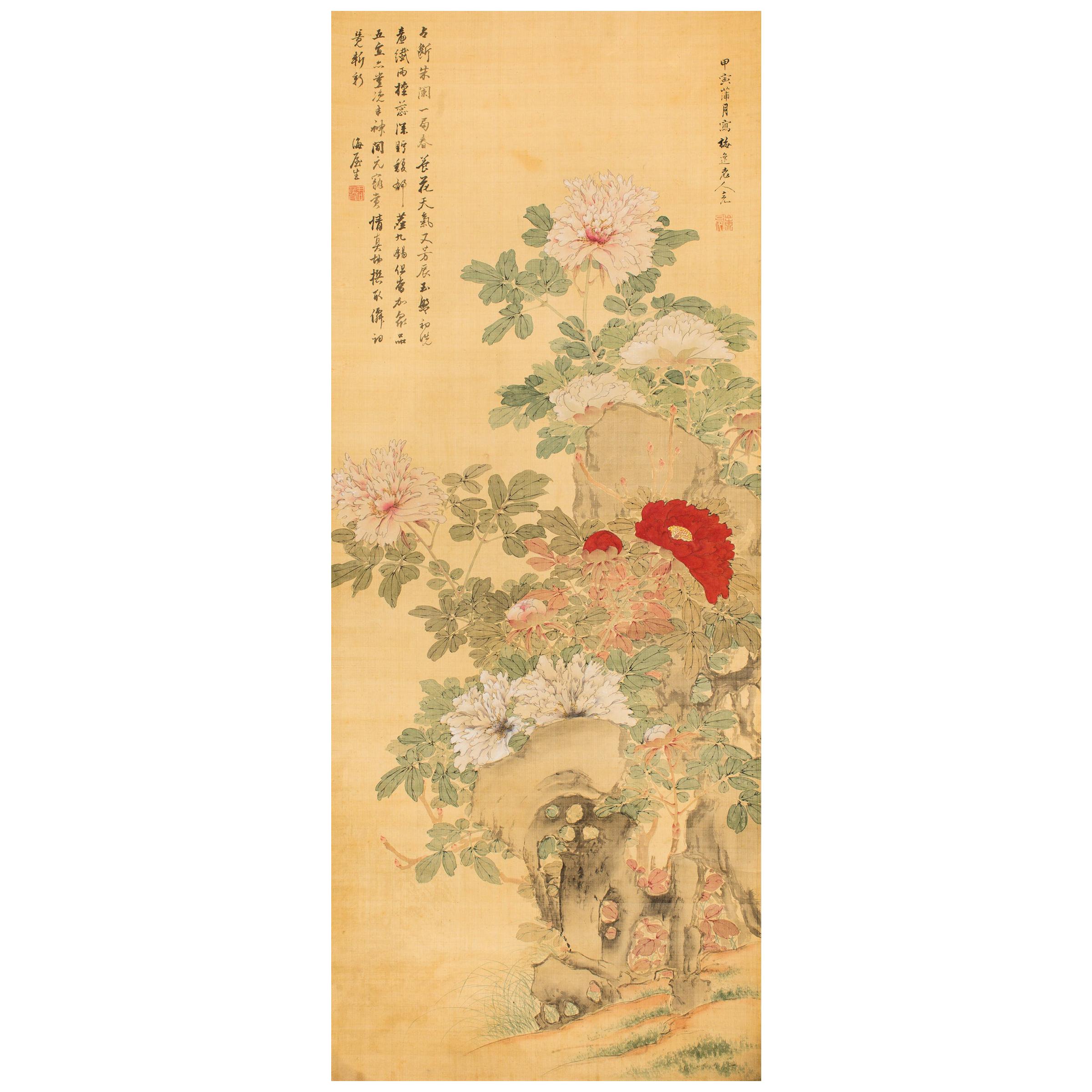 Antique Japanese Scroll of Peonies For Sale