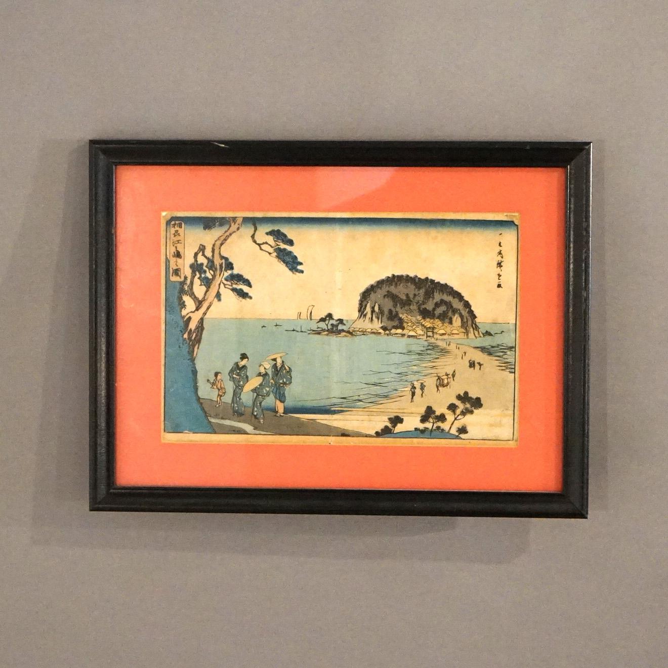 Antique Japanese Seascape Woodblock Print with Village & Figures by Kunisada, Framed, C1920

Measures - 14.5