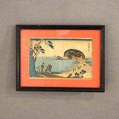 Antique Japanese Seascape Woodblock Print with Figures by Kunisada, C1920