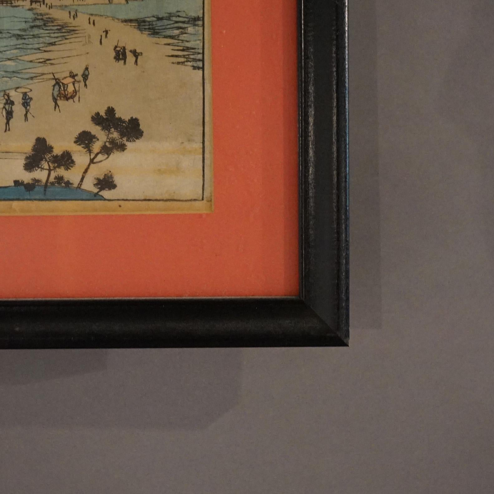 Antique Japanese Seascape Woodblock Print with Figures by Kunisada, C1920 In Good Condition For Sale In Big Flats, NY