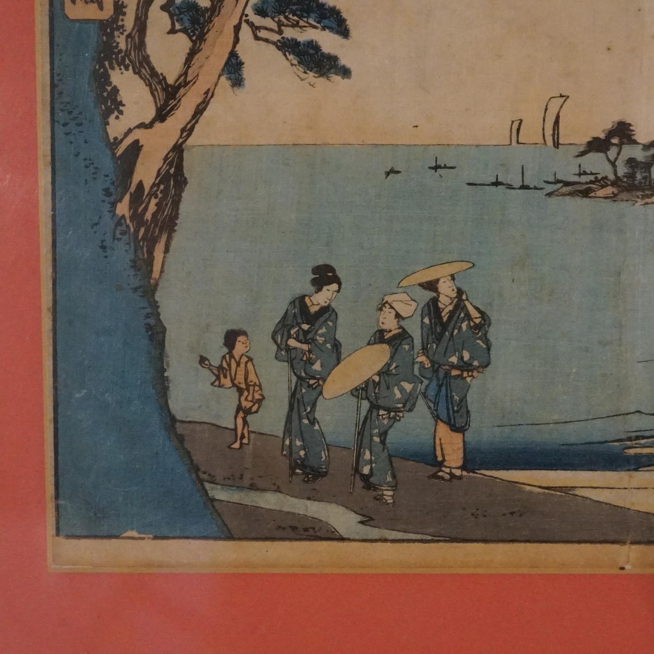 Paper Antique Japanese Seascape Woodblock Print with Figures by Kunisada, C1920 For Sale
