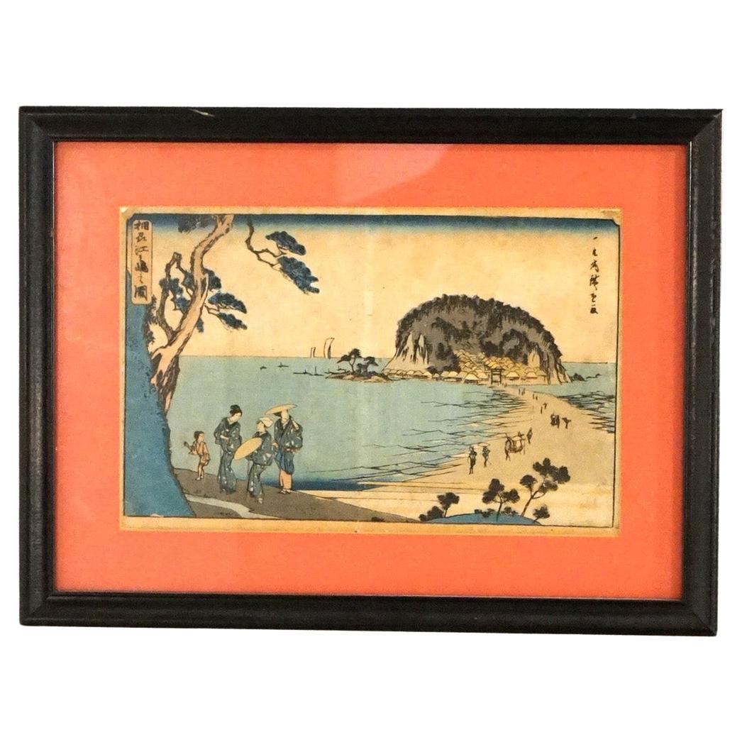 Antique Japanese Seascape Woodblock Print with Figures by Kunisada, C1920 For Sale
