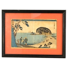 Antique Japanese Seascape Woodblock Print with Figures by Kunisada, C1920