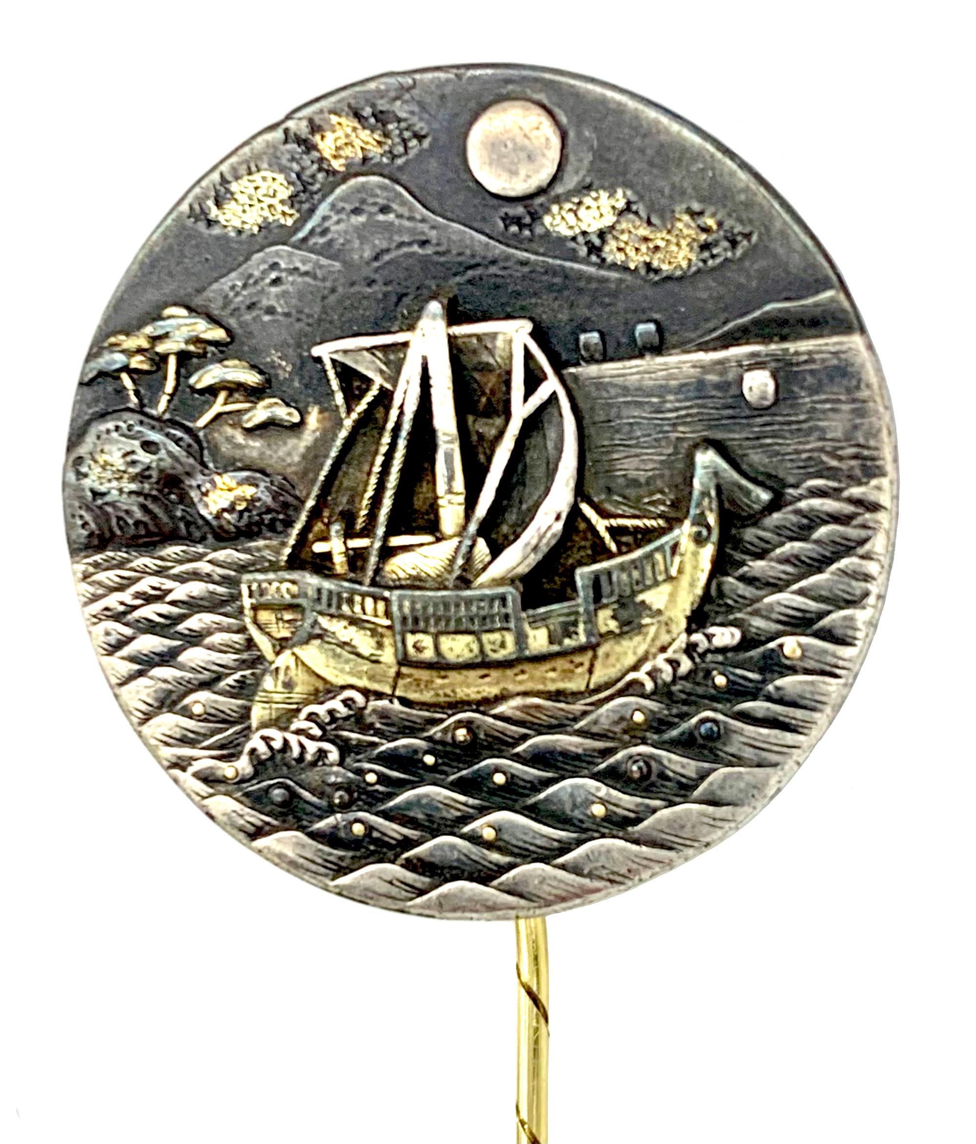 Women's or Men's Antique Japanese Shakudo Stickpin Tiepin Mount Fuji Full Moon Sea Sailing Ship For Sale