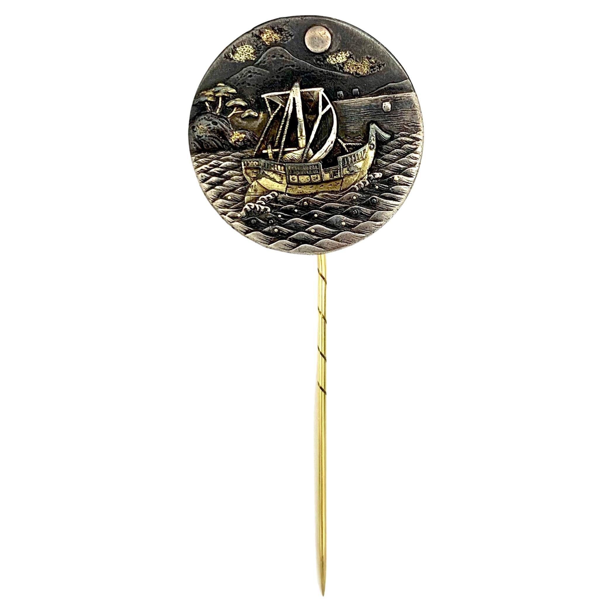 Antique Japanese Shakudo Stickpin Tiepin Mount Fuji Full Moon Sea Sailing Ship