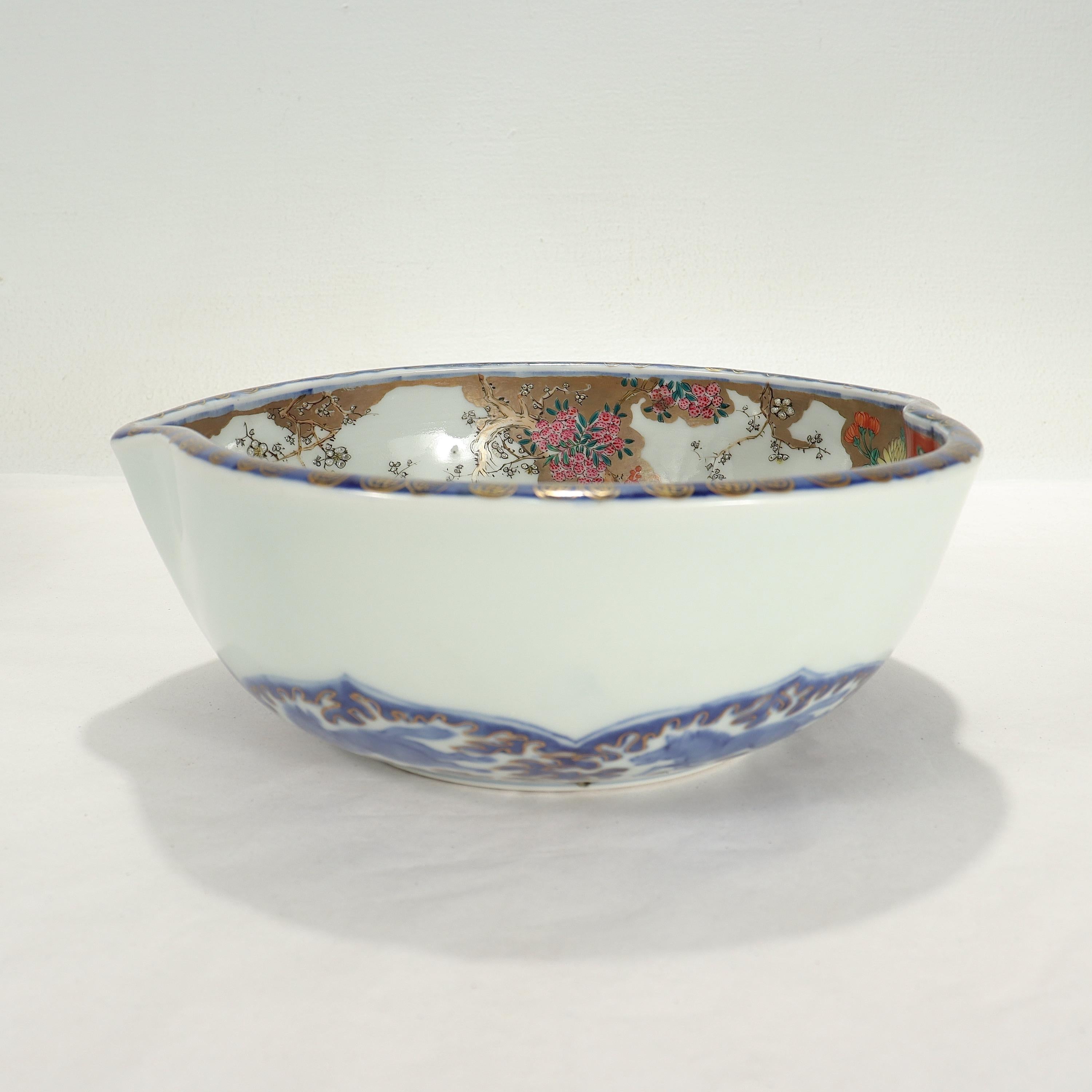 Painted Antique Japanese Signed Imari Porcelain Plum Shaped Bowl by Hichozan Fukagawa For Sale