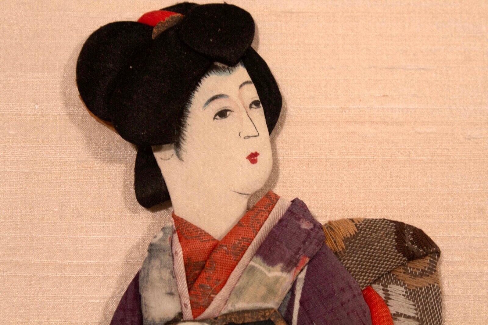 Antique Japanese Silk Brocade Oshie Art Geisha Puppet Dolls in Shadow Box Frame For Sale 7