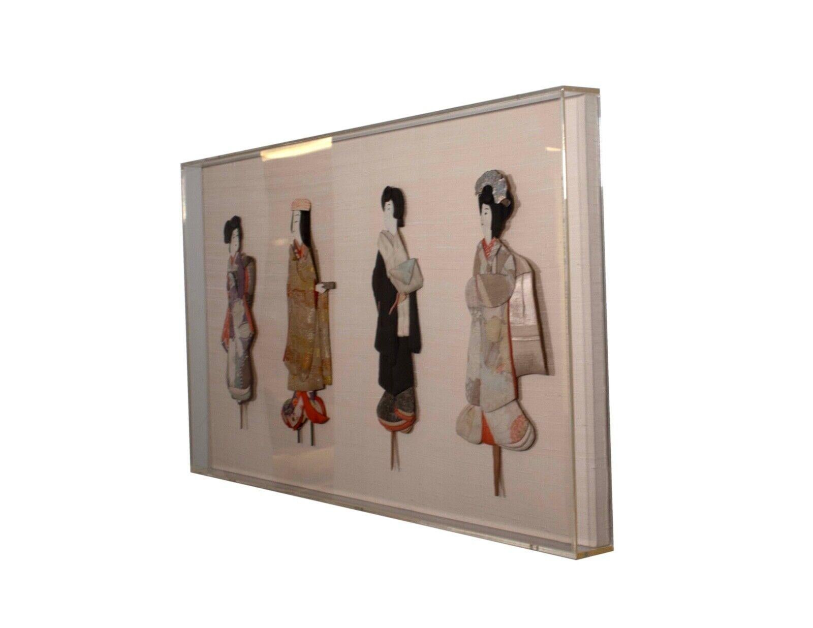 Antique Japanese Silk Brocade Oshie Art Geisha Puppet Dolls in Shadow Box Frame In Good Condition For Sale In Keego Harbor, MI