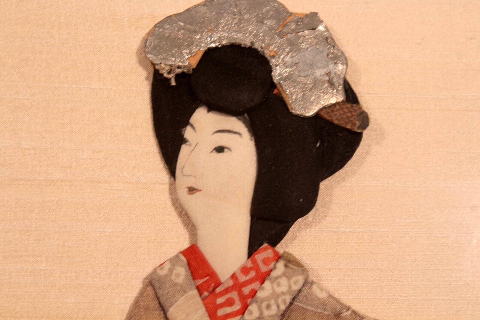 20th Century Antique Japanese Silk Brocade Oshie Art Geisha Puppet Dolls in Shadow Box Frame For Sale